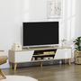 Voir la diapositive 2 : HOMCOM Meuble TV bas sur pied style scandinave 2 portes 2 niches piètement effilé incliné bois panneaux blanc aspect chêne clair