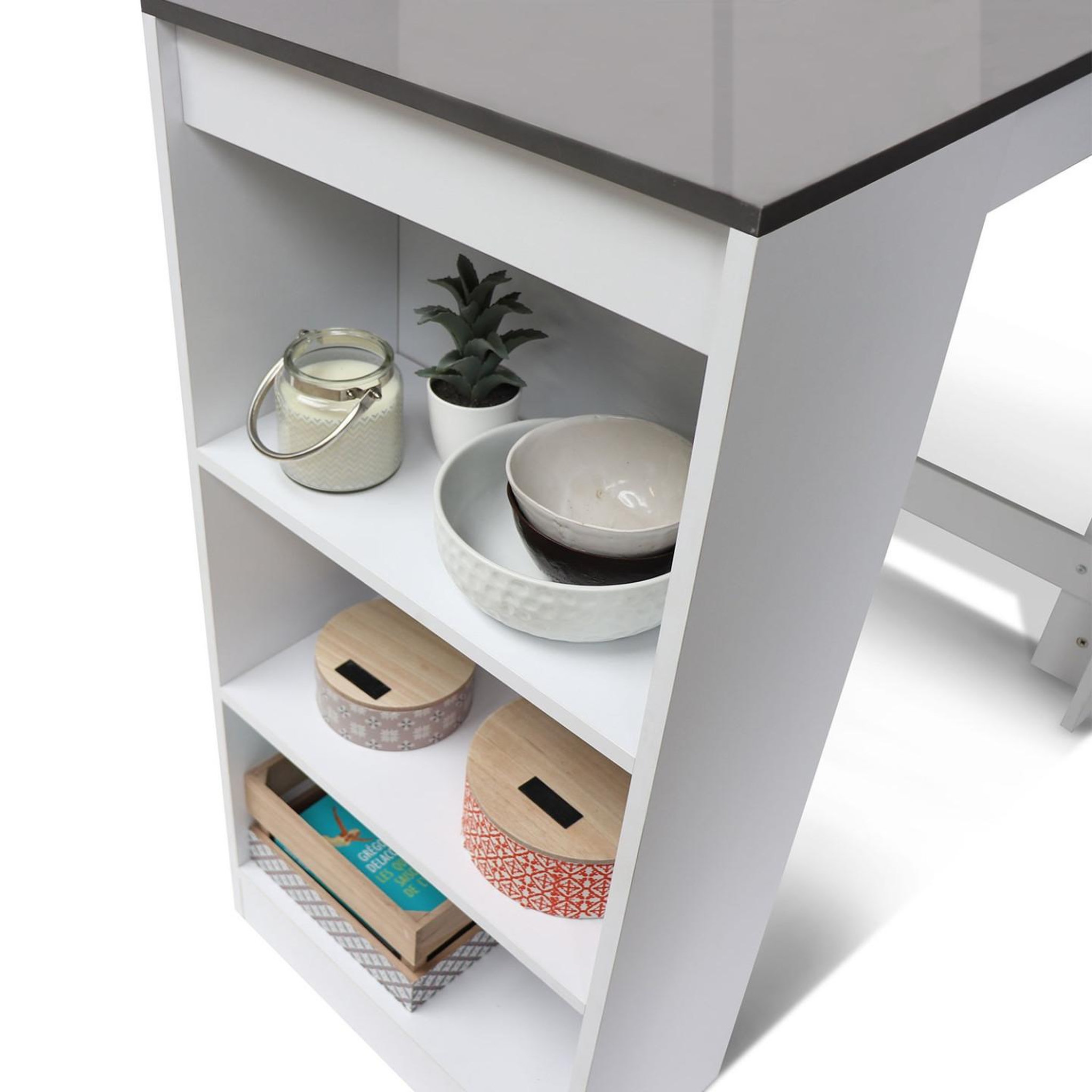 Voir la diapositive 4 : ID MARKET Table de bar barth 2 à 4 personnes bois blanc plateau gris