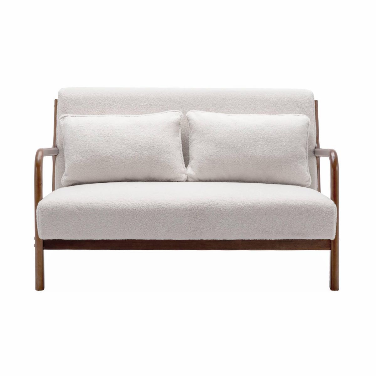 SWEEEK Banquette à bouclettes . pieds bois d'hévéa teinté noyer clair. 2 places droit fixe. pieds compas scandinave