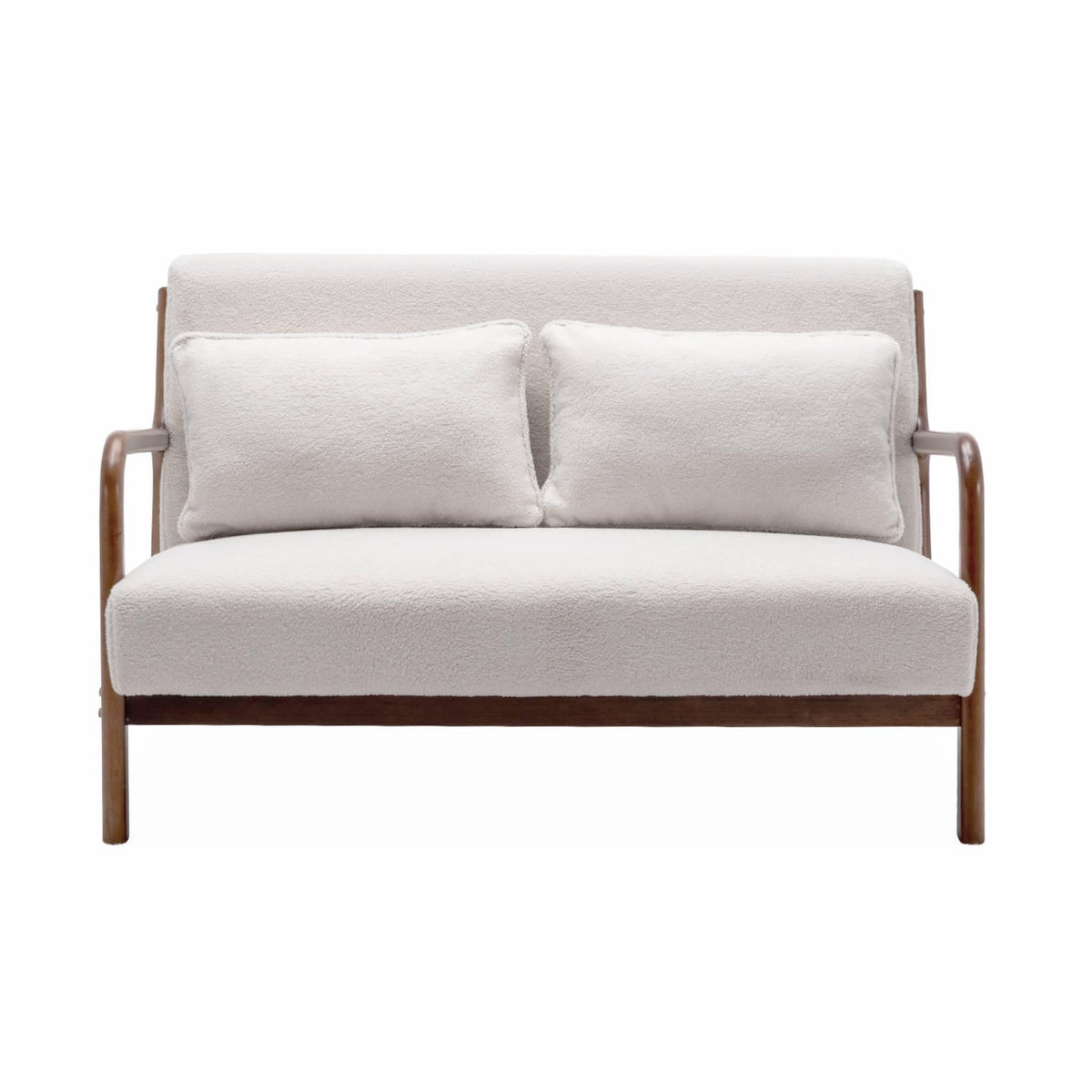 SWEEEK Banquette à bouclettes . pieds bois d'hévéa teinté noyer clair. 2 places droit fixe. pieds compas scandinave