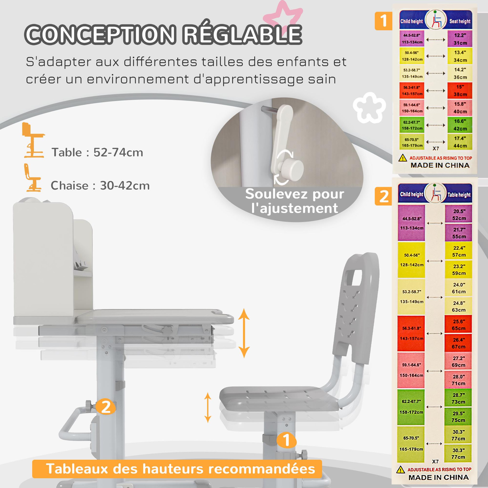Voir la diapositive 5 : HOMCOM Bureau enfant avec chaise - ensemble bureau et chaise réglable - support lecture, tablette, étagère - gris blanc