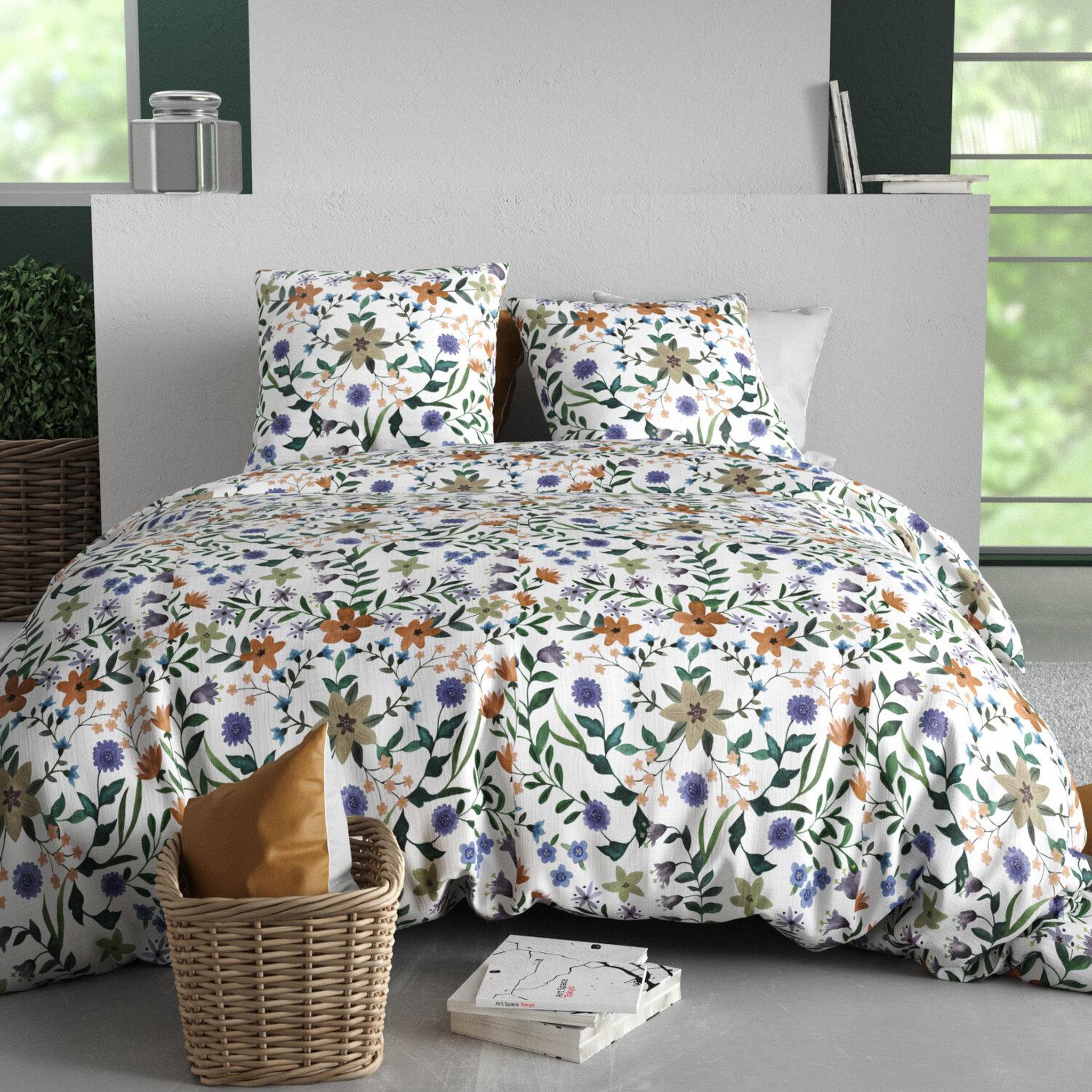 ATELIER DU COTON Parure housse de couette imprimée 100% coton 57fils veitchs. Coloris disponibles : Blanc