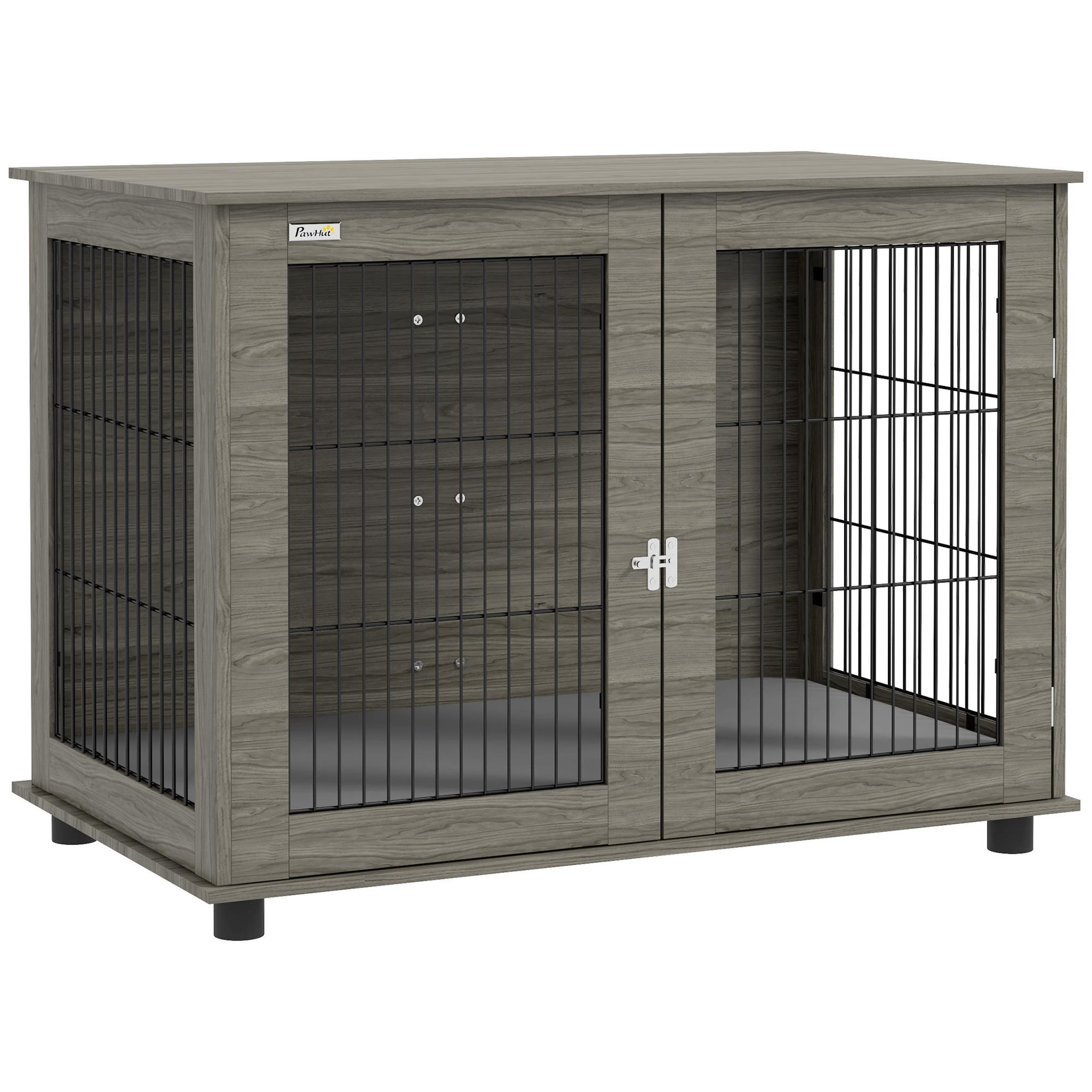 PAWHUT Cage pour chien intérieure dim. 100l x 60l x 73,5h cm - porte verrouillable, coussin déhoussable - acier noir aspect bois gris