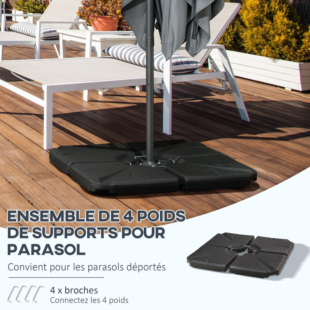 OUTSUNNY Pied de parasol lot de 4 dalles de lestage pour parasol déporté dim. tot. 103L x 103l x 8H cm HDPE texturé noir
