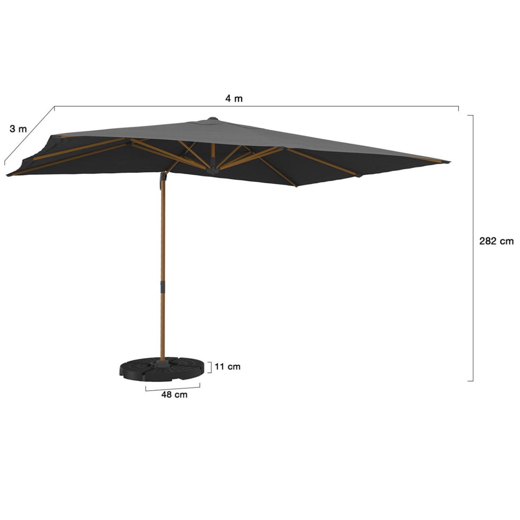 Voir la diapositive 5 : ID MARKET Parasol déporté inclinable rotatif 360 calvi mat effet bois et toile grise 3x4m avec housse