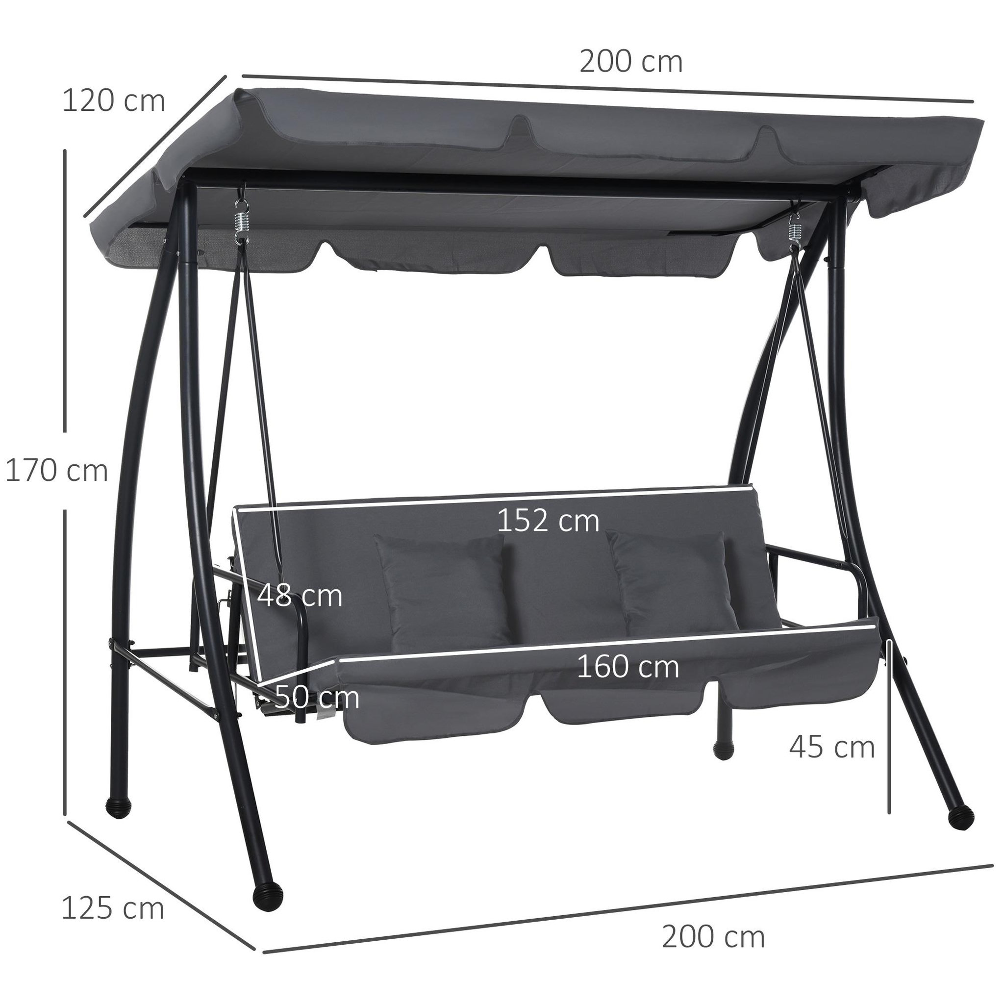 Voir la diapositive 3 : OUTSUNNY Balancelle de jardin convertible 3 places grand confort inclinaison toit réglable matelas fourni 2L x 1,25l x 1,7H m métal polyester noir anthracite
