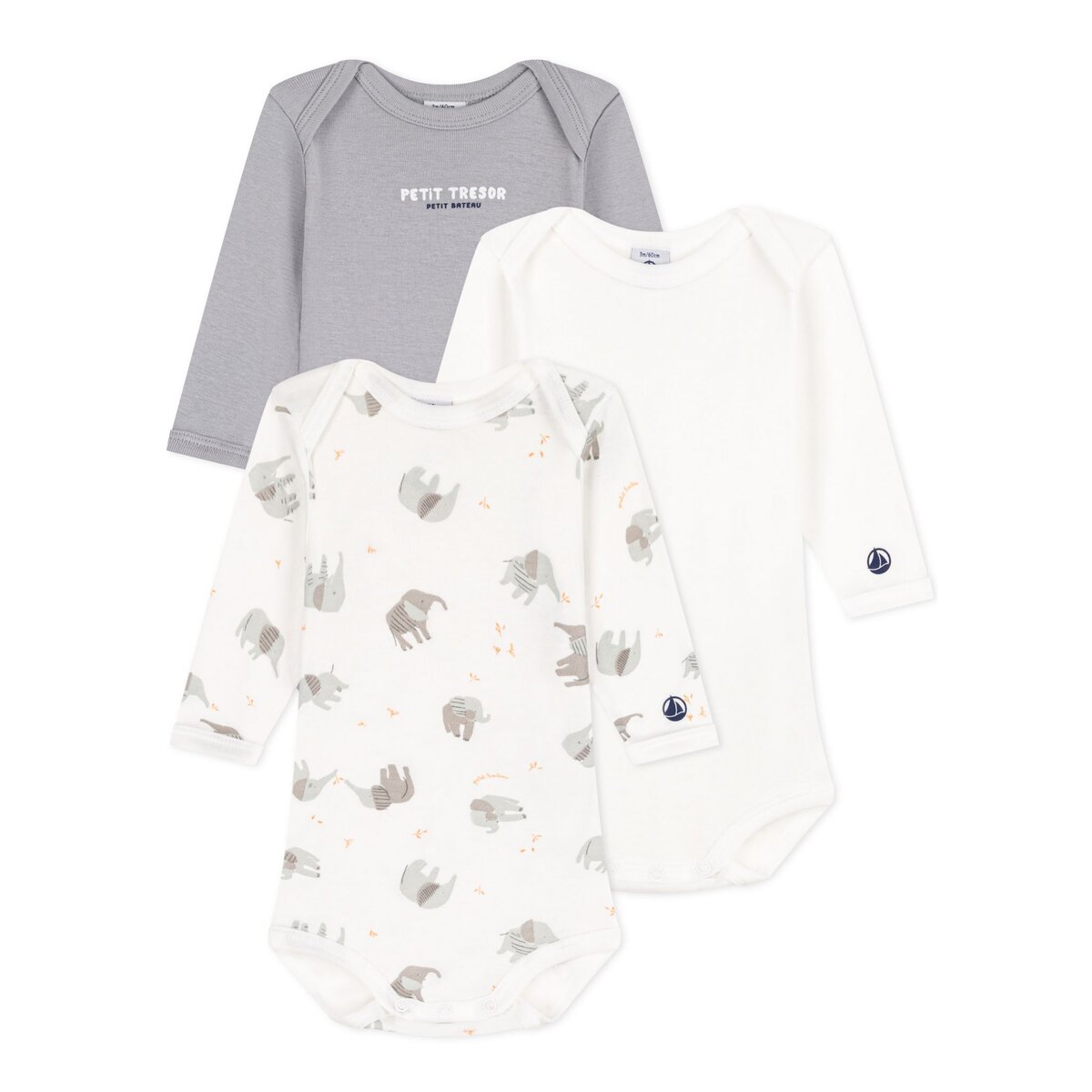 PETIT BATEAU Lot de 3 bodies manches longues bébé garçon pas cher 