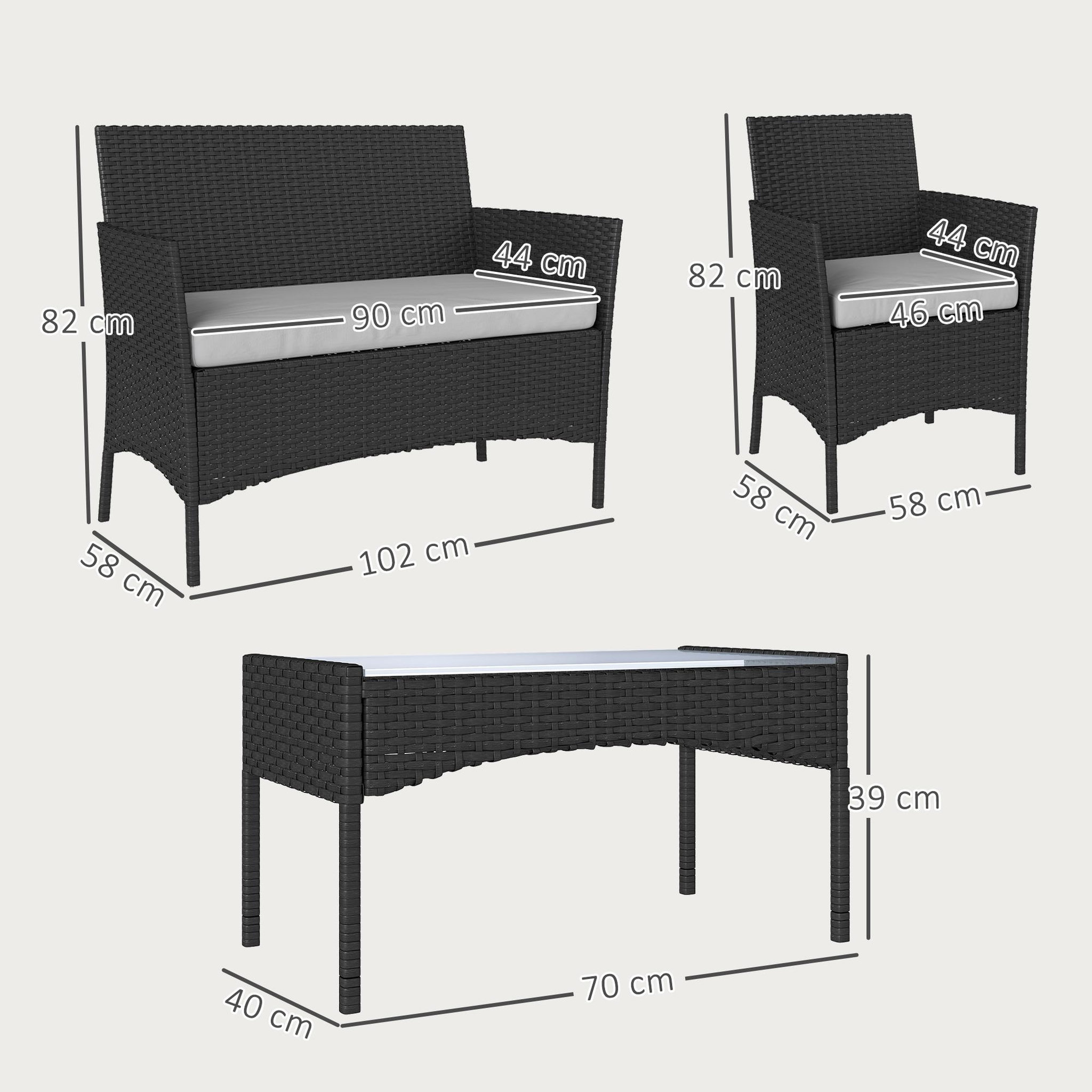 Voir la diapositive 3 : OUTSUNNY Ensemble salon de jardin 4 personnes 4 pièces résine tressée plateau verre trempé noir gris