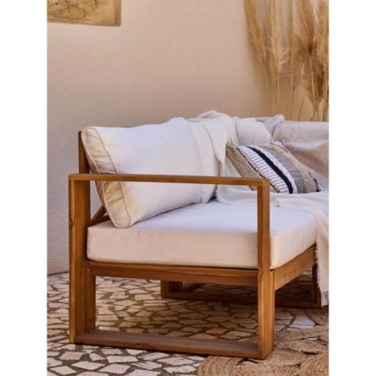 BOCARNEA Salon de jardin d'angle modulable - Bois d'acacia - 6 personnes - LEVATA DINING - Blanc cassé + Housse