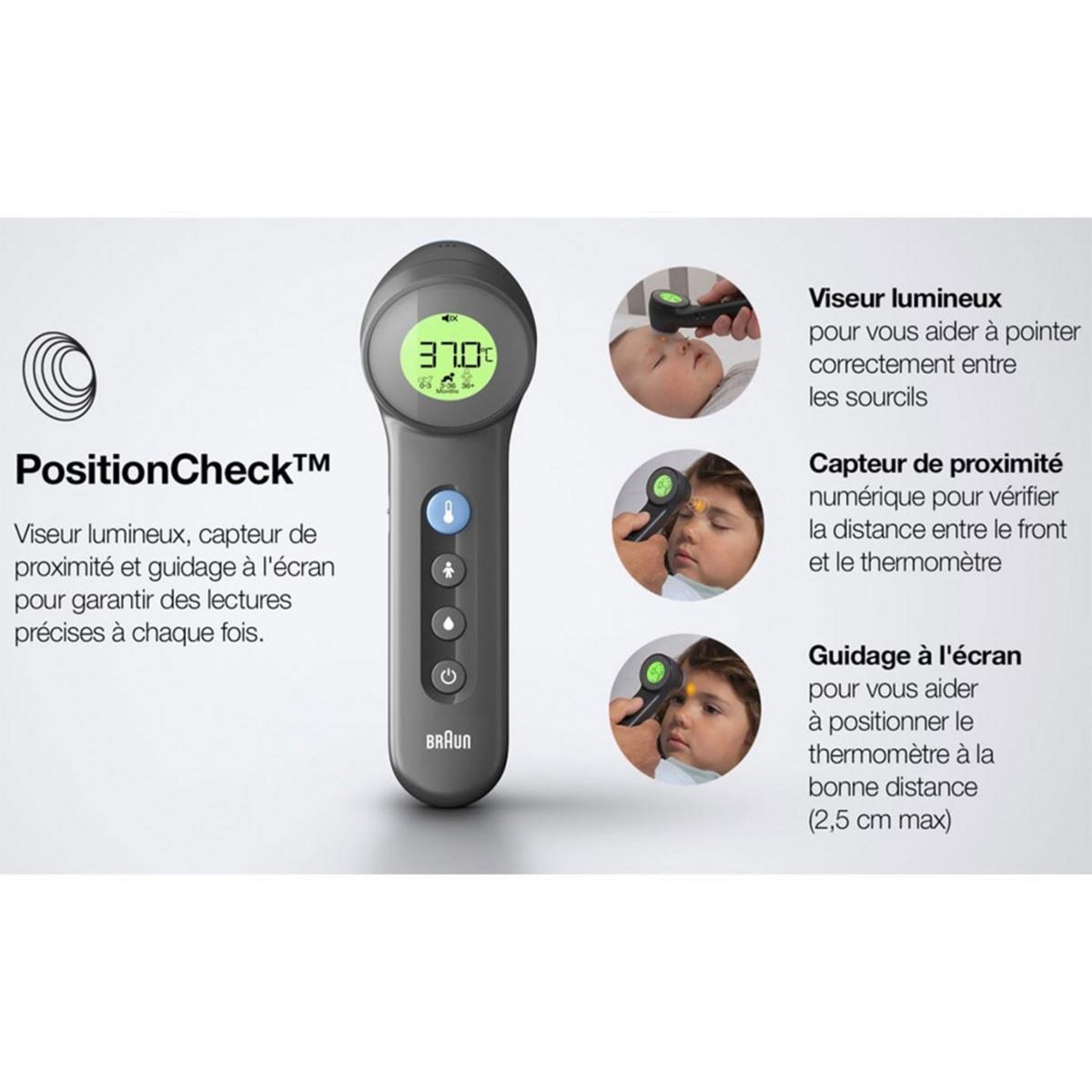 BRAUN Thermomètre frontal sans contact Affichage numérique à code couleur Précis 2 seconde Bébé et enfant Sensian 7 Braun