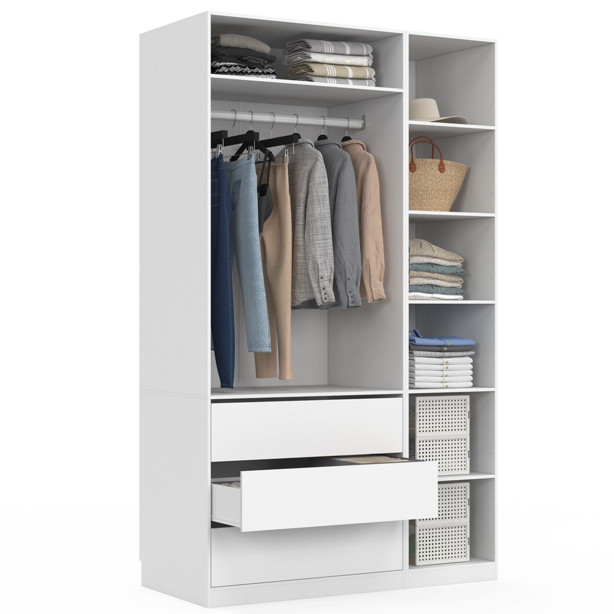 ID MARKET Dressing modulable TAYLOR 120 x 55 x 200 cm 2 modules avec penderie + étagères + tiroirs blanc