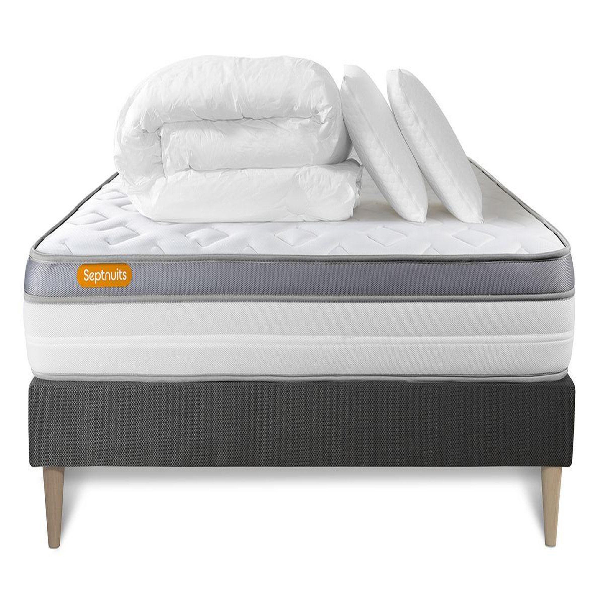 Voir la diapositive 2 : SEPTNUITS Pack matelas + sommier kit gris Memo Zen Mousse à mémoire de forme MAXI épaisseur + Couette + 2 oreillers