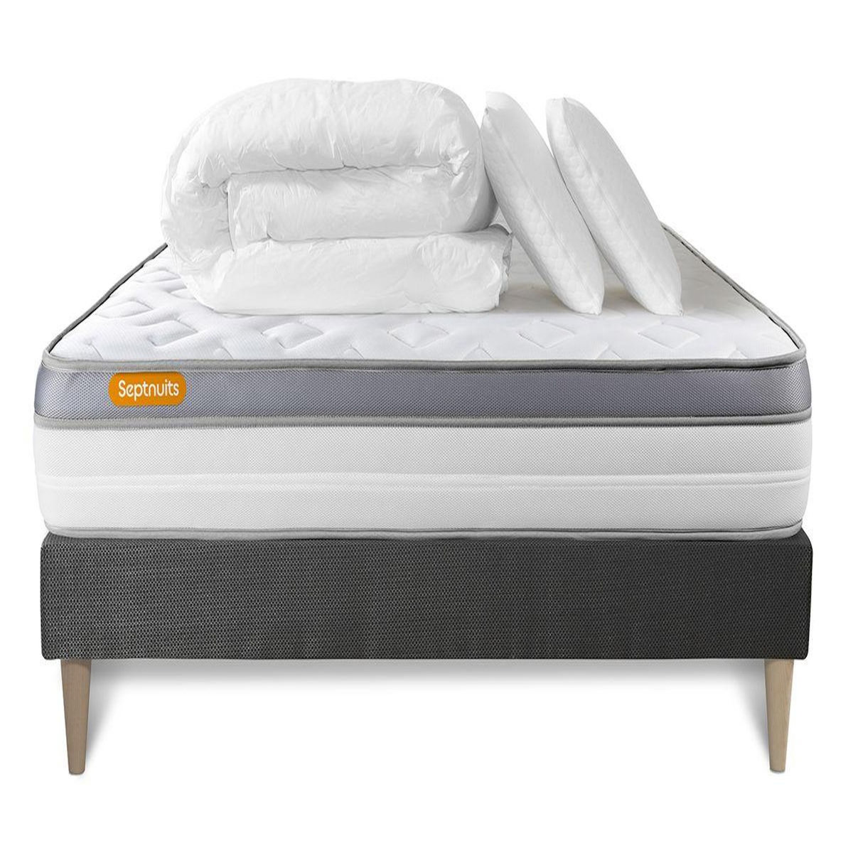 SEPTNUITS Pack matelas + sommier kit gris Memo Zen Mousse à mémoire de forme MAXI épaisseur + Couette + 2 oreillers
