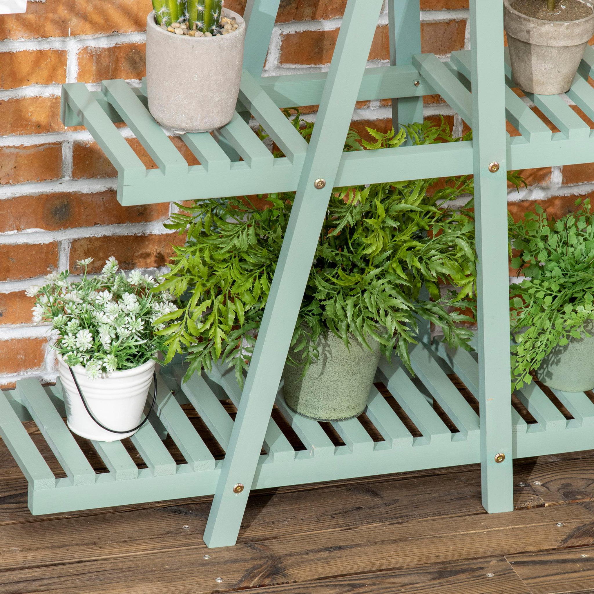 Voir la diapositive 6 : OUTSUNNY Étagère à fleurs pyramidale en bois - porte plante bois 3 étagères - dim. 76L x 26l x 76H cm - sapin vert d'eau