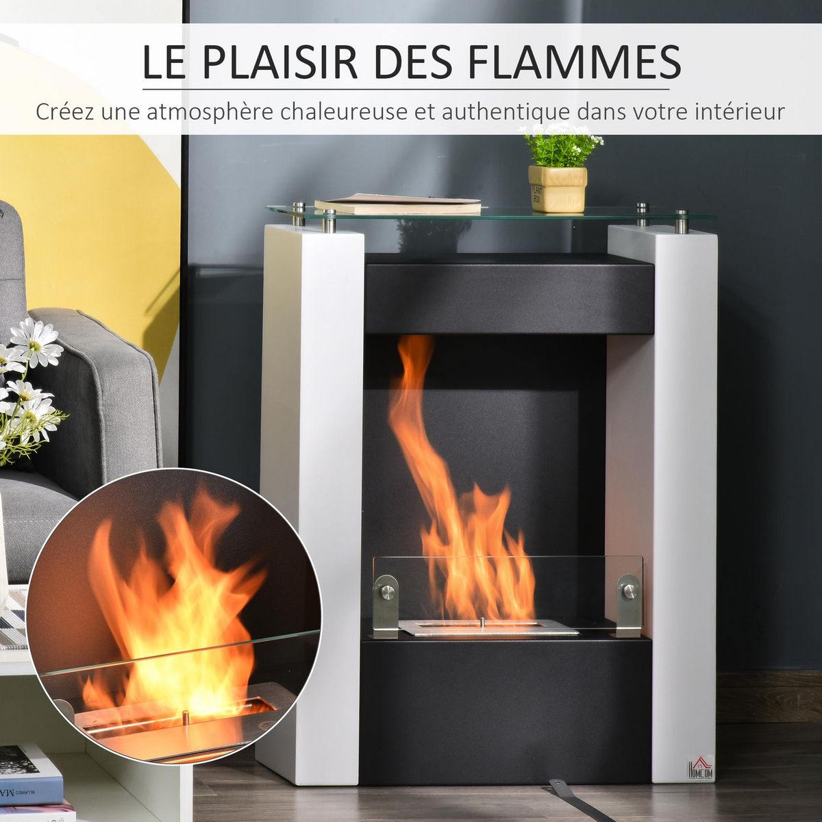 HOMCOM Cheminée bioéthanol design contemporain - étagère, pare-feu verre trempé 6 mm - brûleur 0,9 L - contrôle de flamme et manche inclus - acier noir blanc