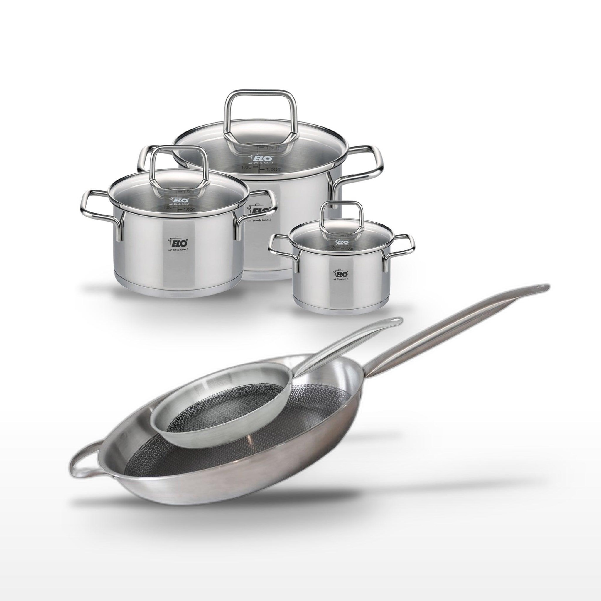 ELO Batterie de cuisine avec 2 poêles 24/32 cm et 3 faitouts 12/16/20 cm en inox sans pfas elo collection relief solution citrin