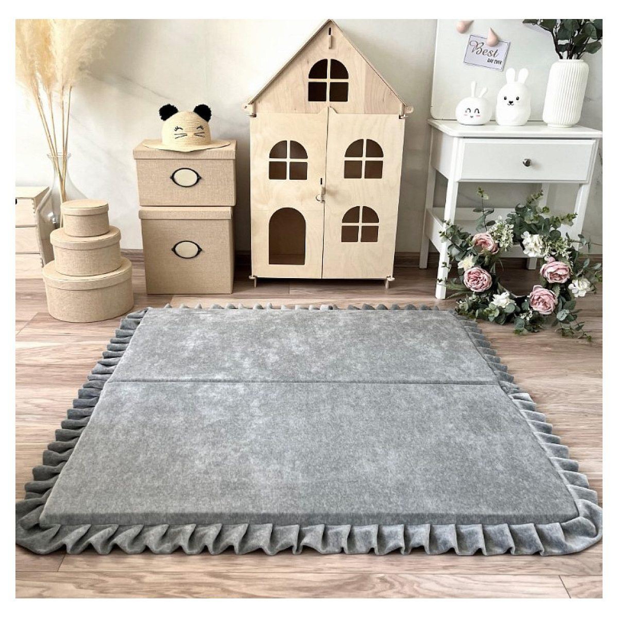 Voir la diapositive 2 : MONIO FOR KIDS Tapis de jeu pliable en velours carré gris 105x105