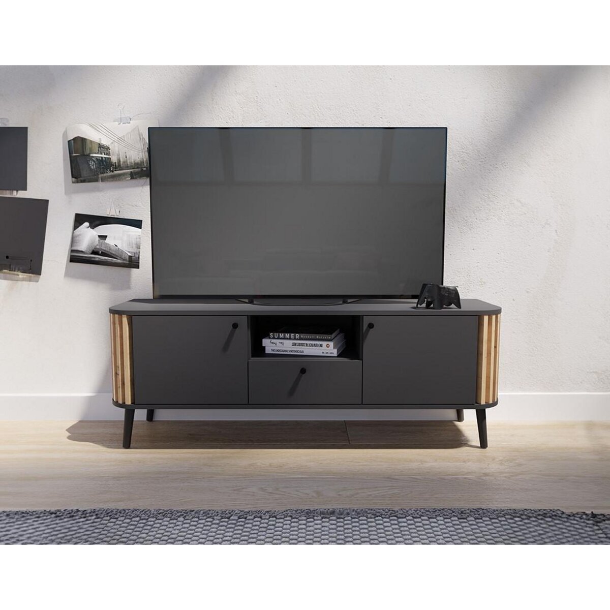 BEST MOBILIER Camberwell - meuble tv - gris et effet bois - 2 portes, 1 tiroir et 1 niche - 138 cm