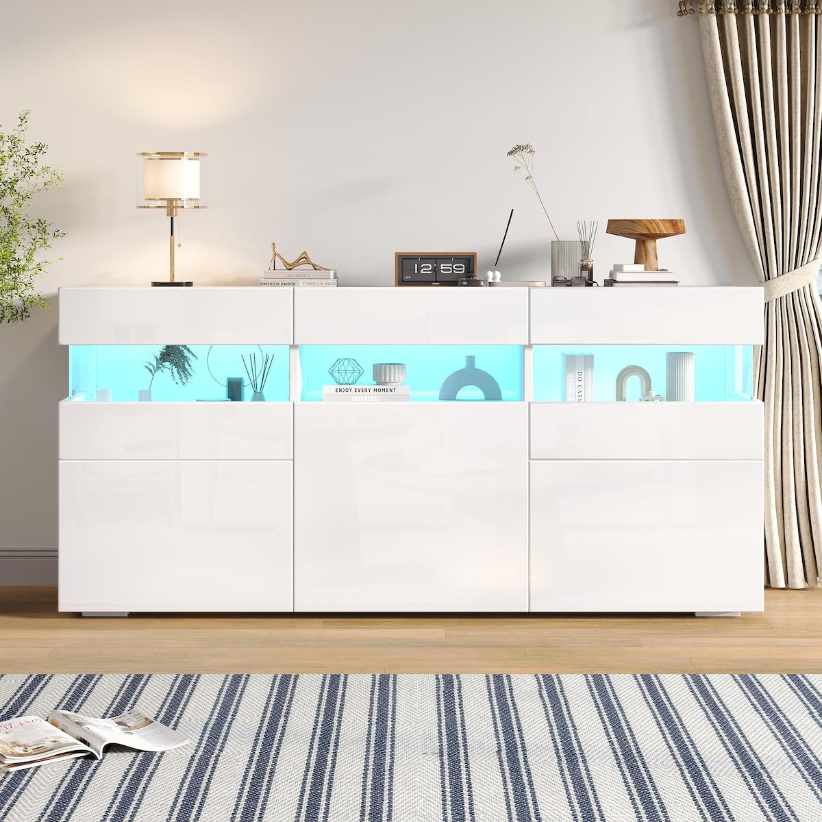 MERAX Buffet 3 porte(s) 1 tiroir(s) - 140 cm blanc led panneau de particules