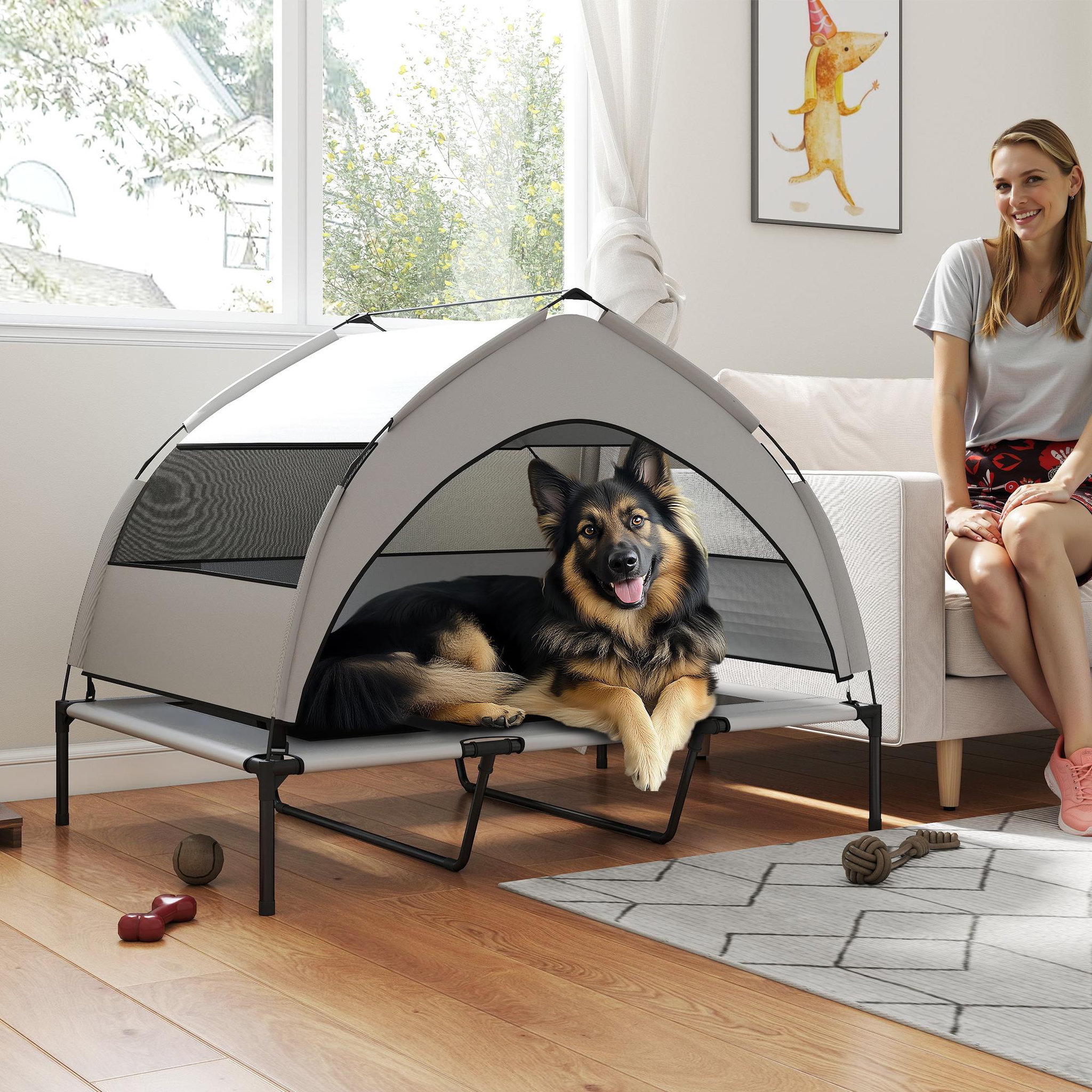 Voir la diapositive 5 : PAWHUT Lit pour chien sur pieds grande taille XXL avec auvent gris