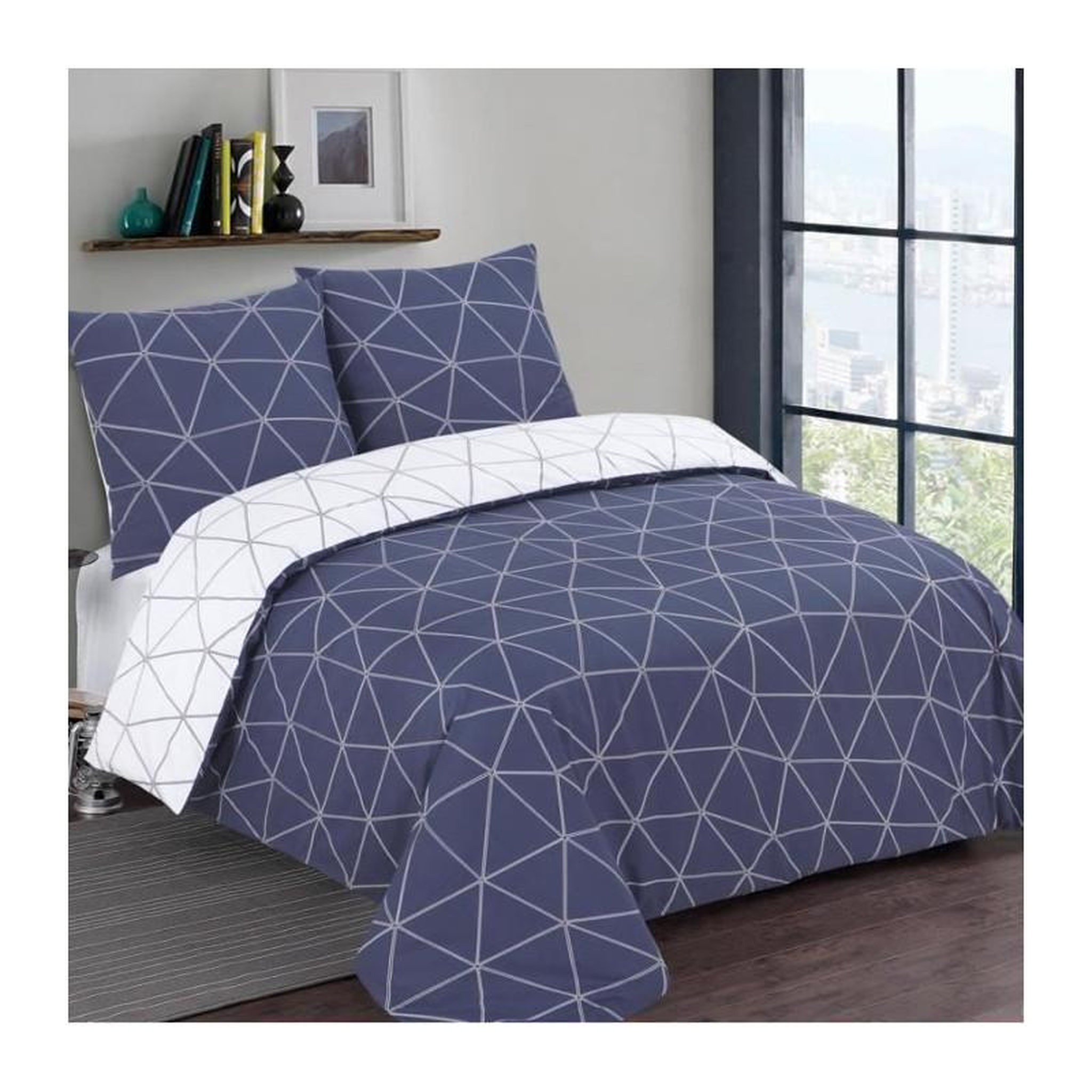VISION VISION - Parure de lit HUGO marine Réversible - 100% Coton - 1 housse de couette 260x240cm + 2 taies 65x65cm - Marine