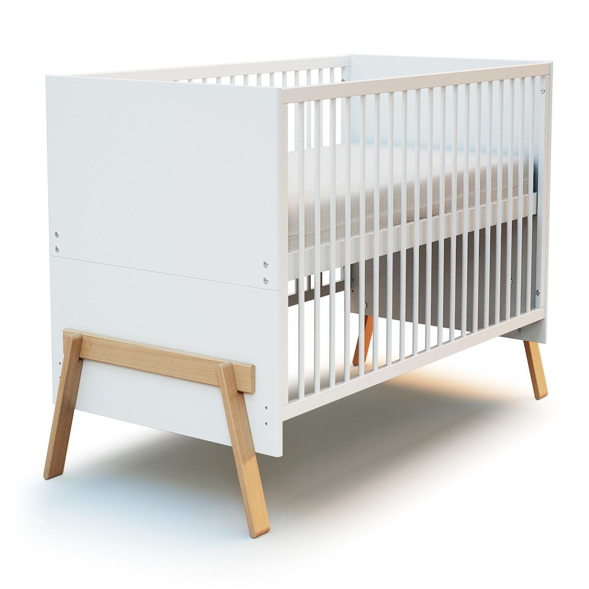 AT4 Lit bébé évolutif en bois CANAILLE Blanc et Hêtre Verni 70 x 140 cm