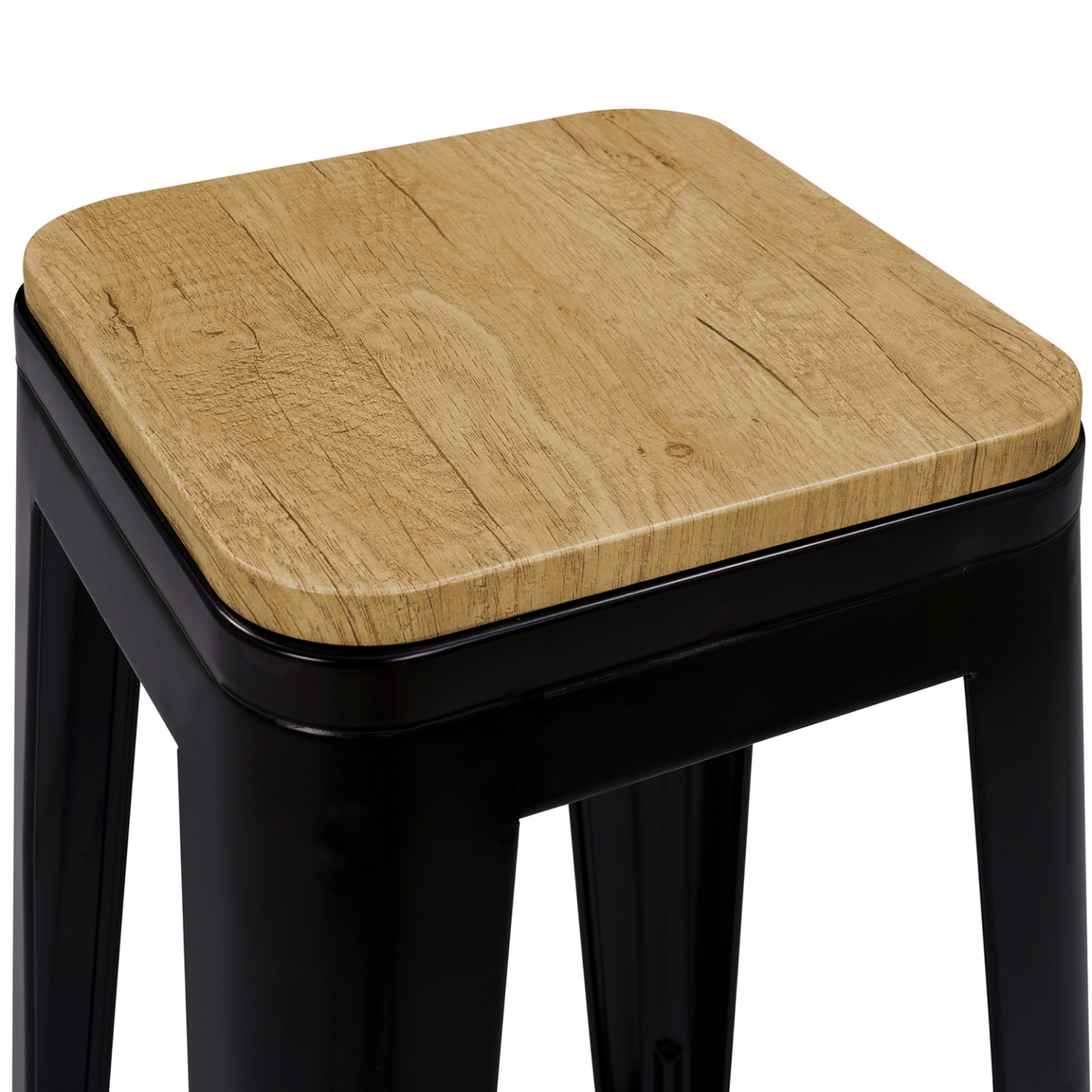 Voir la diapositive 6 : ID MARKET Lot de 4 tabourets de bar leny métal noir mat assise bois empilable aspect brut factory