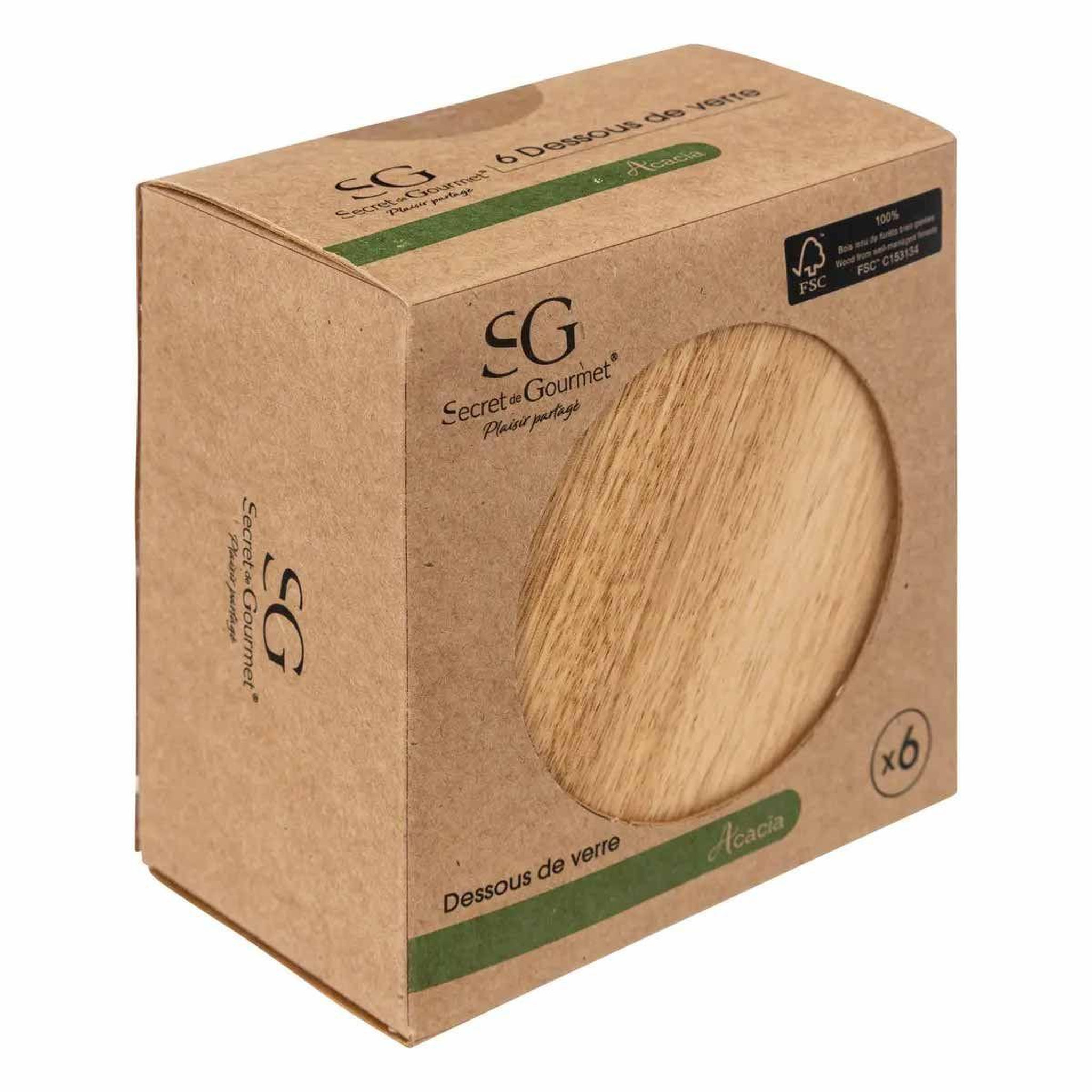 Voir la diapositive 4 : SECRET DE GOURMET Lot de 6 dessous de verre  acacia  10cm marron