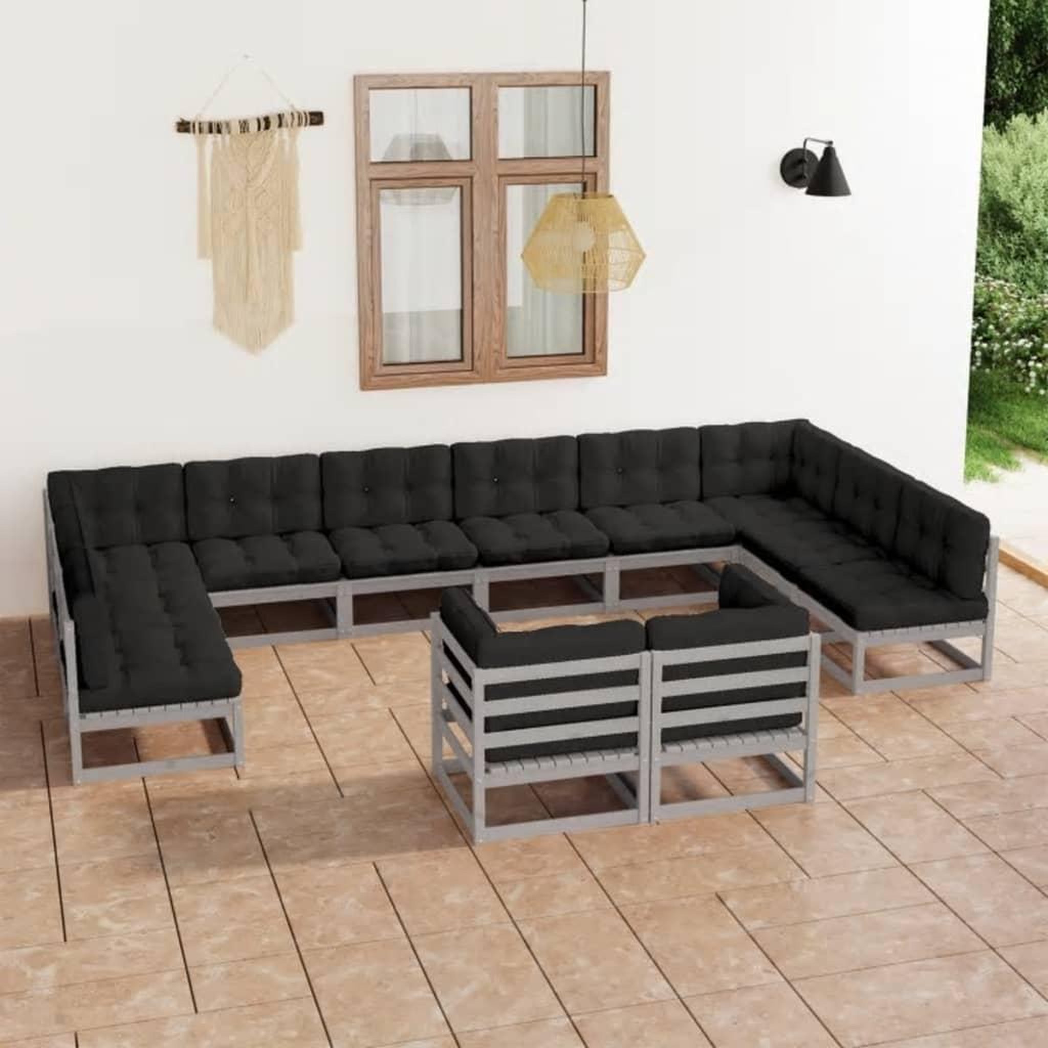 Voir la diapositive 1 : VIDAXL Salon de jardin 12 pcs avec coussins Gris Bois de pin massif