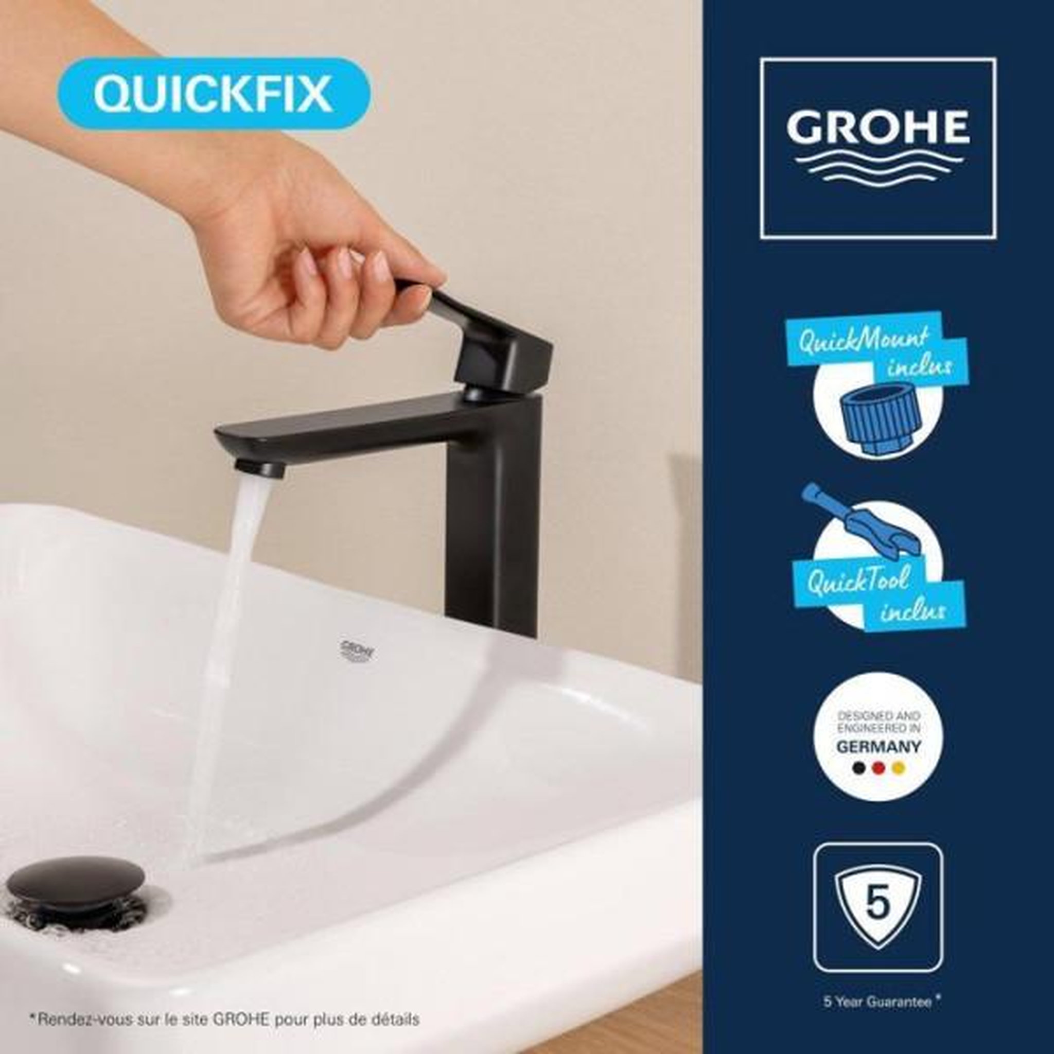 Voir la diapositive 5 : Grohe Mitigeur de lavabo - grohe dice - taille xl - corps lisse sans vidage - noir mat