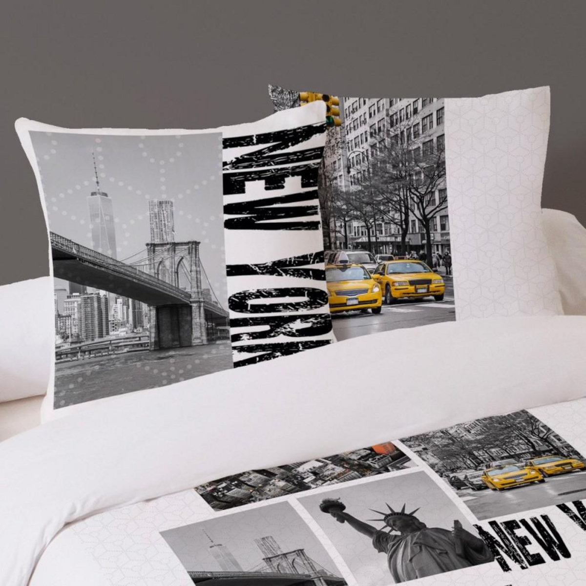 Dourev Housse de couette 240x220 NY SKYLINE + 2 taies 100% coton 57 fils