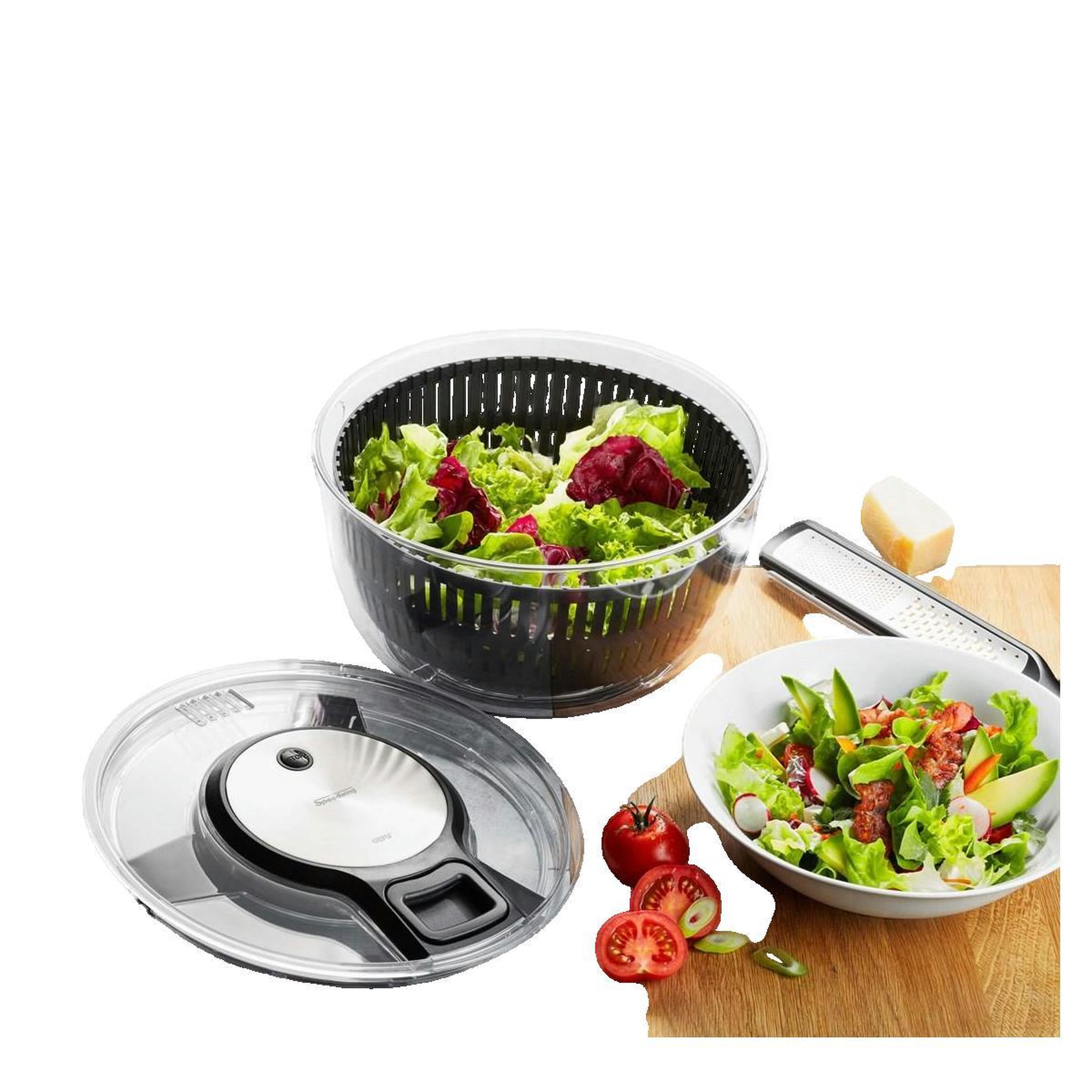 Voir la diapositive 2 : GEFU Essoreuse à salade GEFU SPEEDWING transparente avec éléments en inox noir