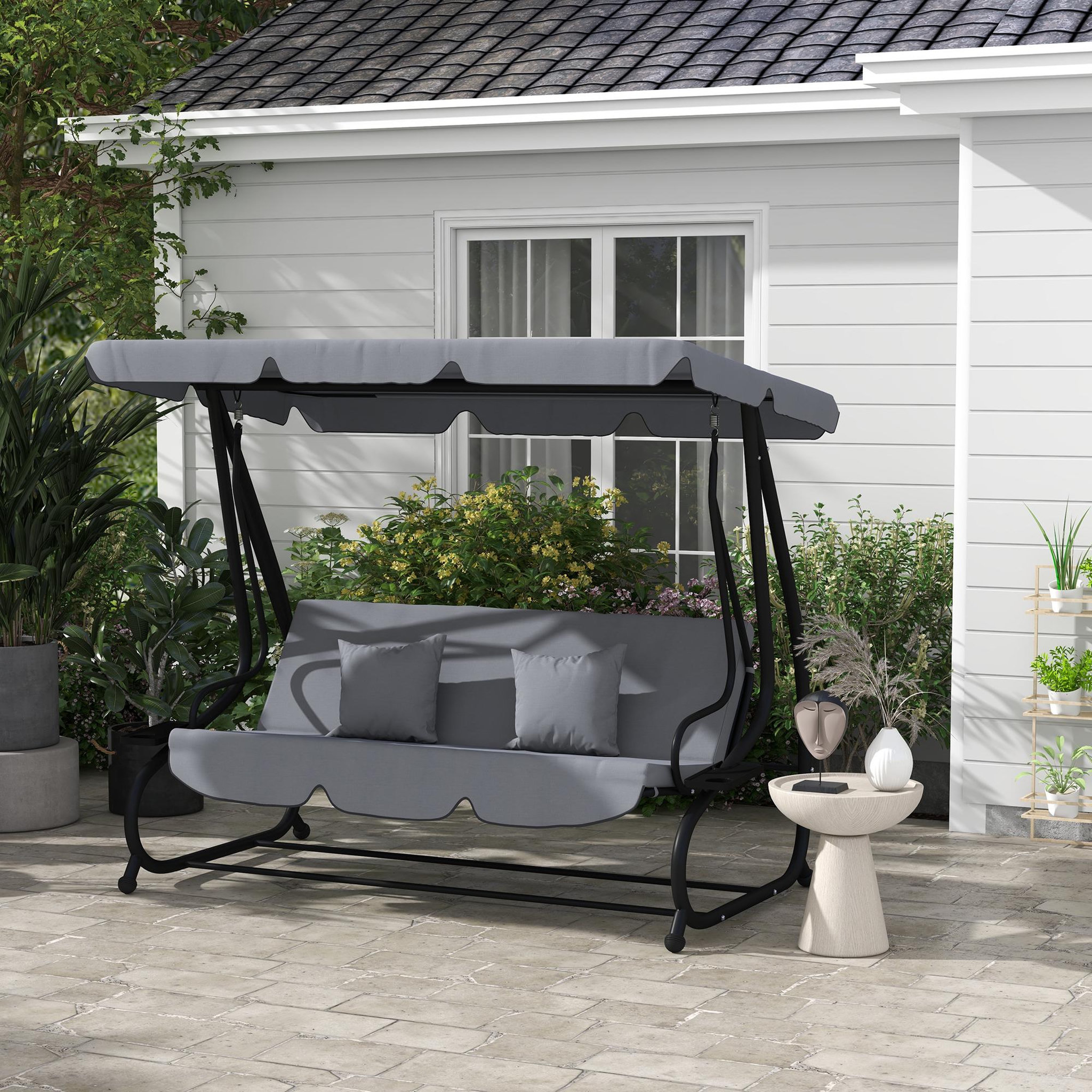 Voir la diapositive 4 : OUTSUNNY Balancelle de jardin convertible 3 places inclinaison toit réglable 2 tablettes + matelas 2L x 1,2l x 1,64H m métal époxy noir polyester gris