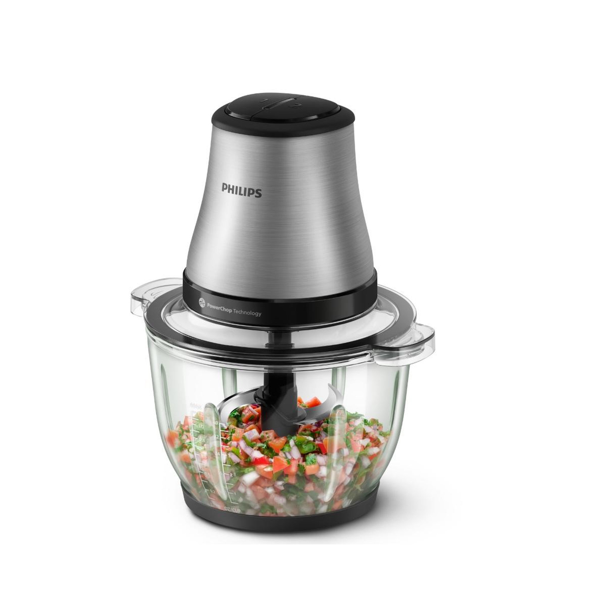 Voir la diapositive 2 : Philips Mini hachoir bol verre 2l 500w silver - HR1503/00