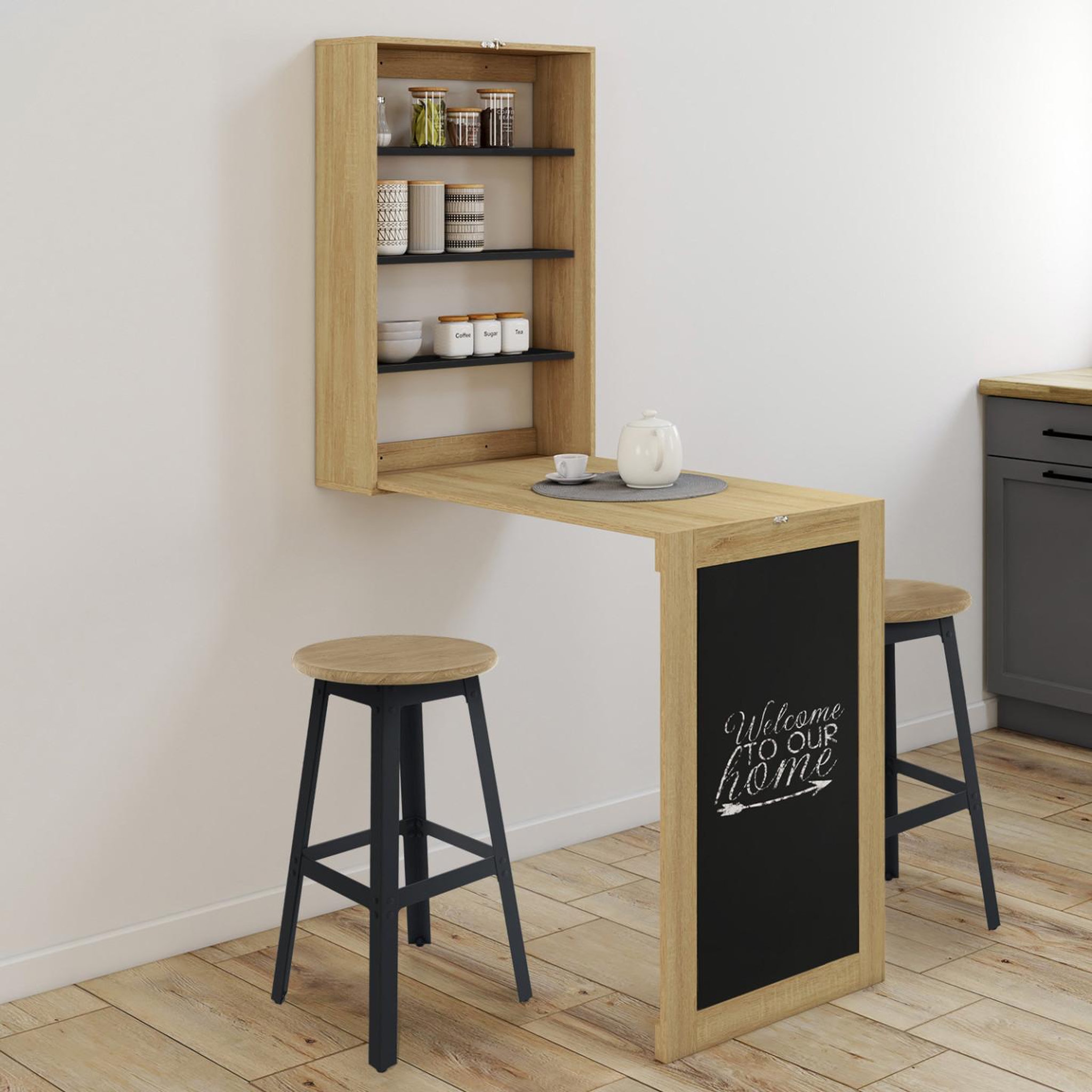 Voir la diapositive 2 : ID MARKET Table murale pliable macchia avec étagères et tableau craie 2 personnes bois et noir