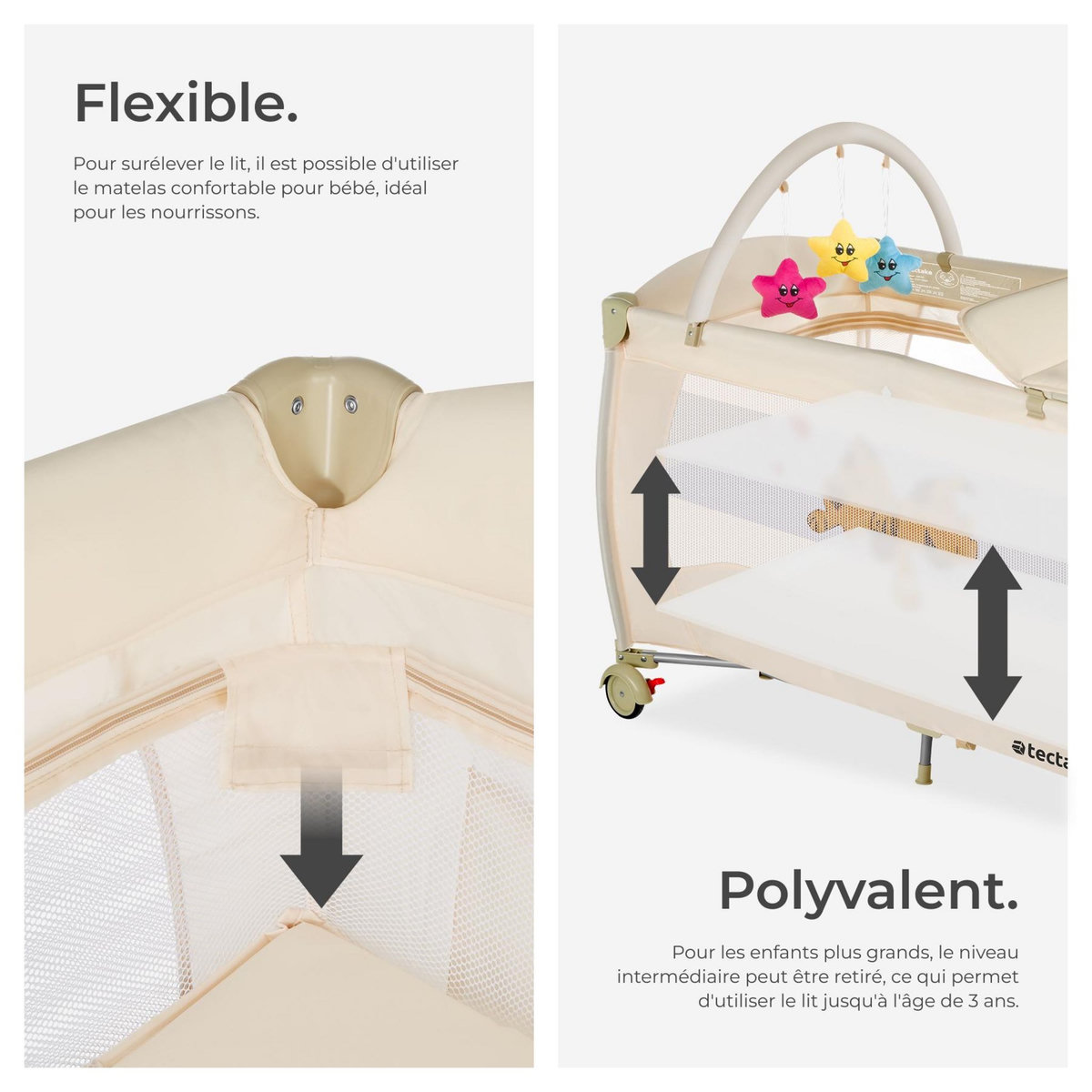 tectake Lit de voyage pour enfants peu encombrant pliable et réglable en hauteur beige