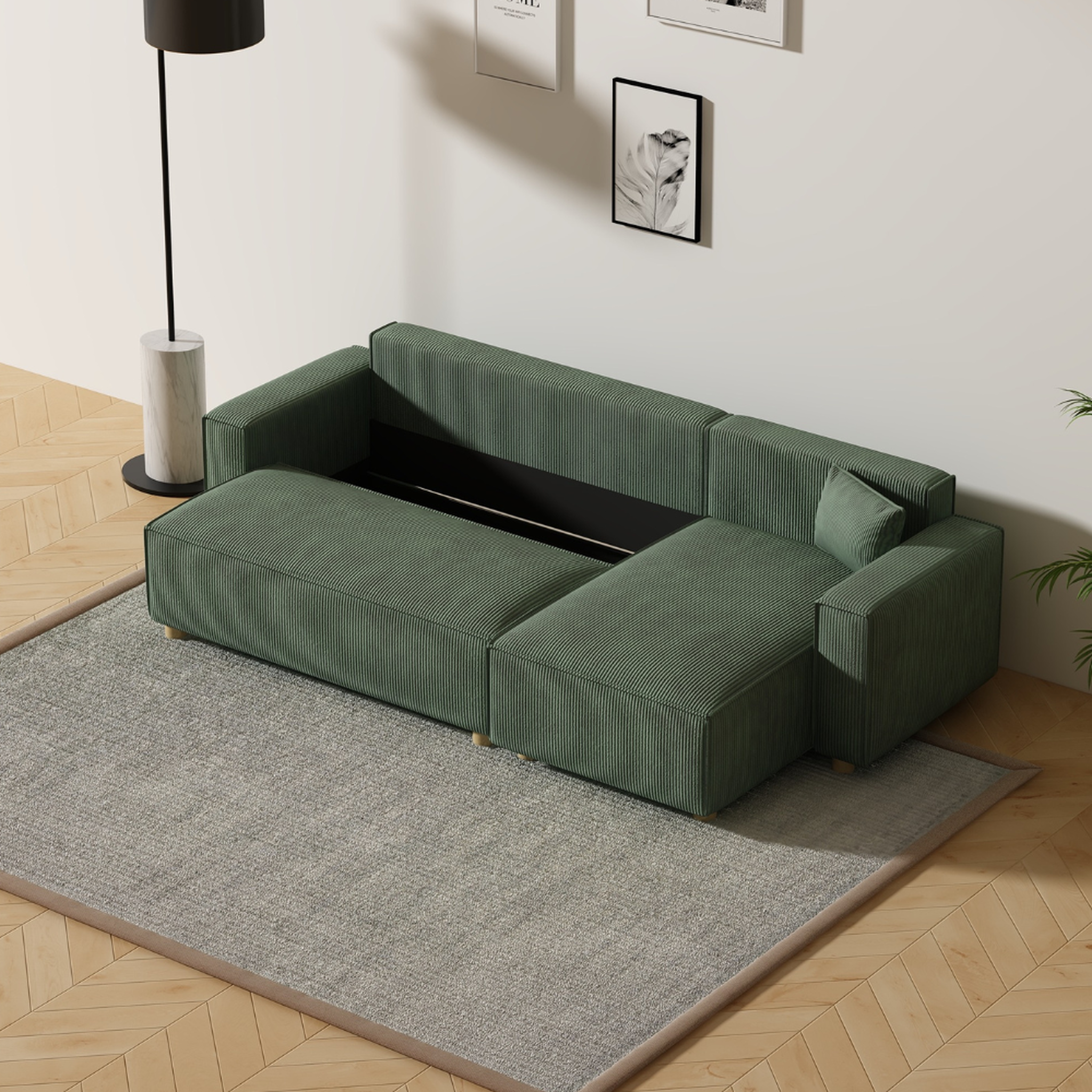 Voir la diapositive 6 : CONCEPT USINE Canapé convertible d'angle en velours côtelé vert cosy