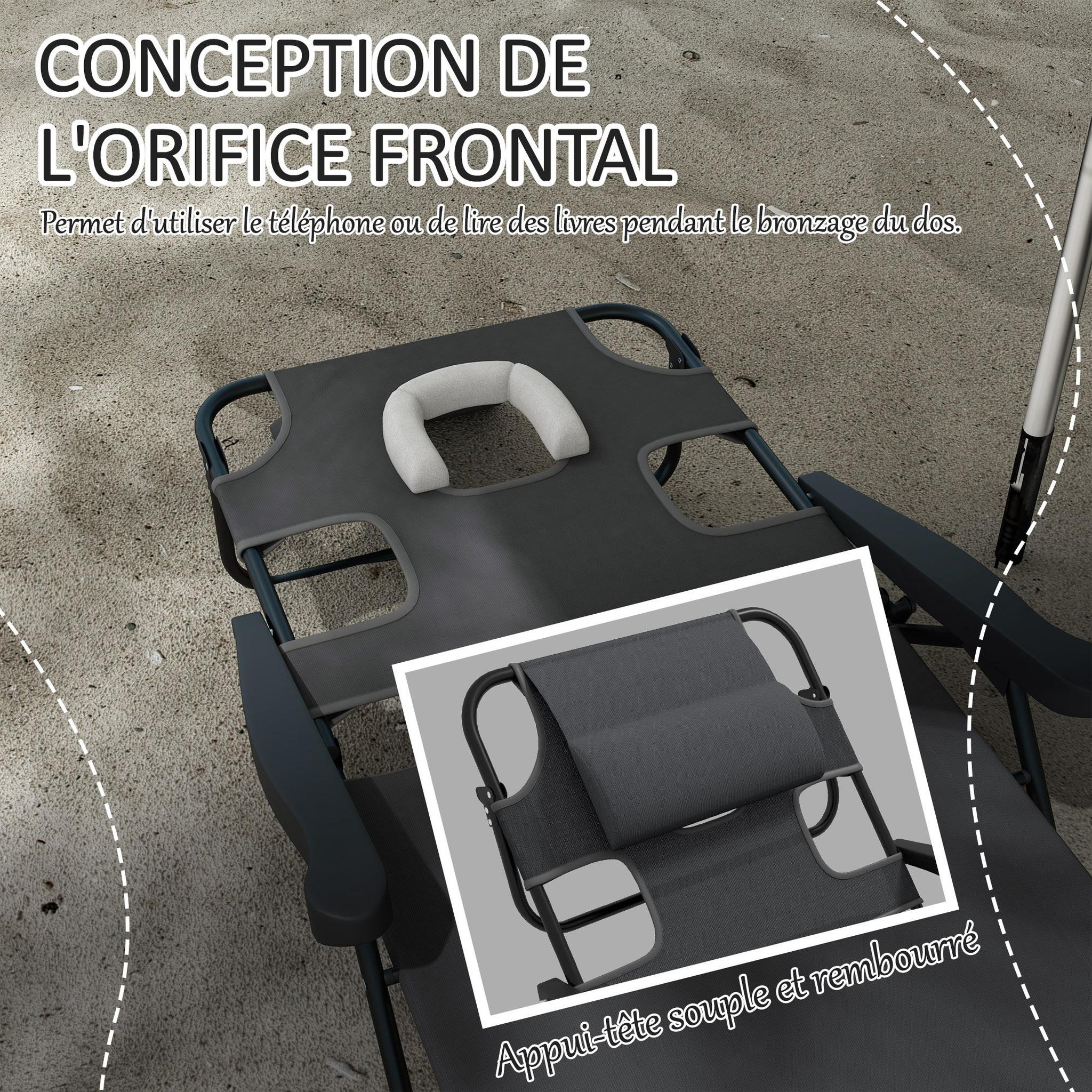 Voir la diapositive 4 : OUTSUNNY Bain de soleil transat pliable inclinable - coussins, espace tête - acier noir polyester antracite