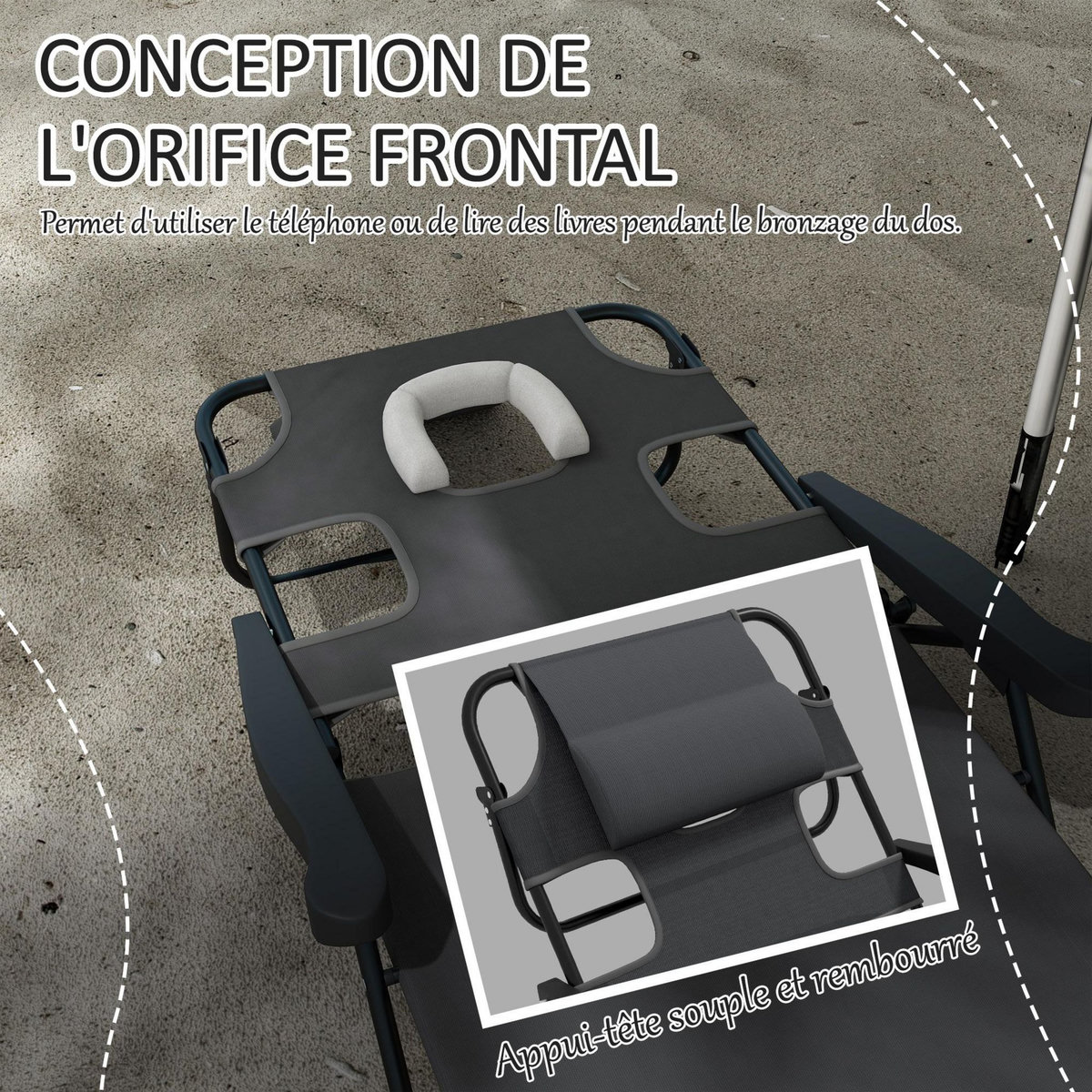 OUTSUNNY Bain de soleil transat pliable inclinable - coussins, espace tête - acier noir polyester antracite