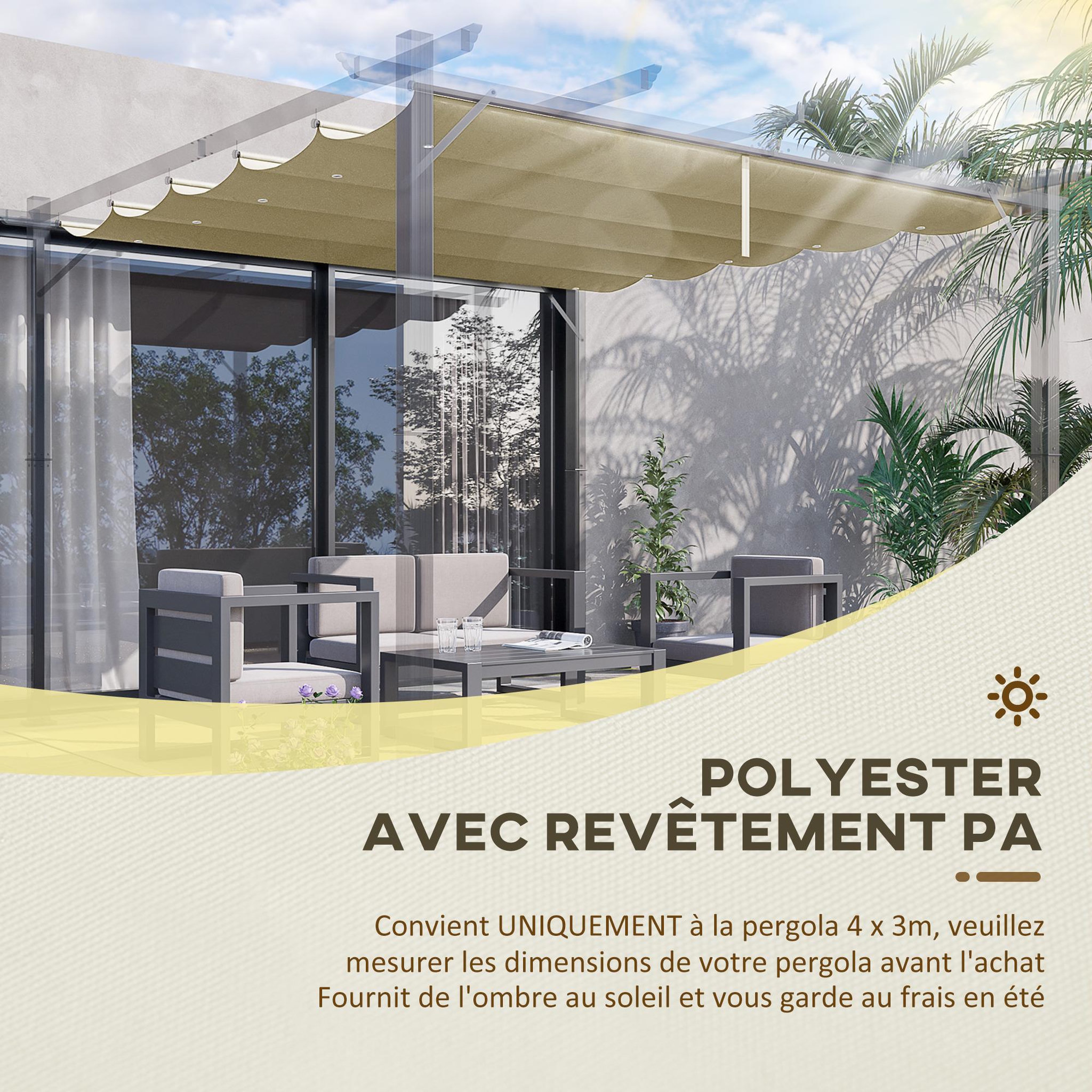 Voir la diapositive 4 : OUTSUNNY Toile de rechange pour pergola rétractable 4 x 3 m polyester haute densité 180 g/m² imperméabilisé beige