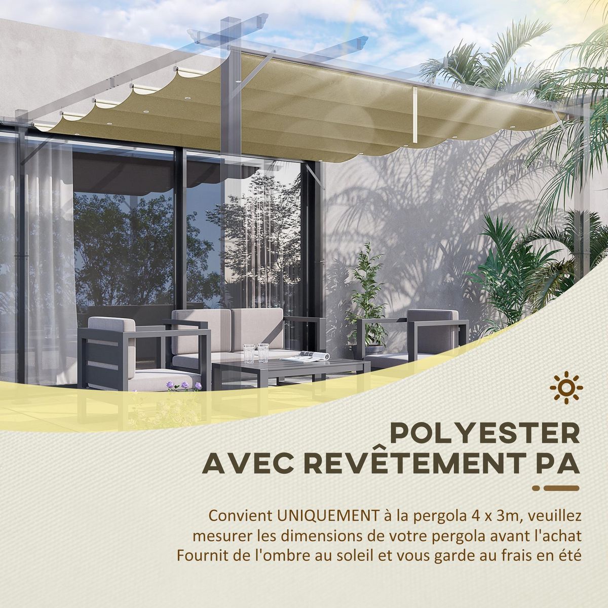 OUTSUNNY Toile de rechange pour pergola rétractable 4 x 3 m polyester haute densité 180 g/m² imperméabilisé beige