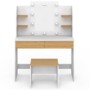 Voir la diapositive 4 : ID MARKET Coiffeuse ZELIA blanc et hêtre table de maquillage 4 étagères, miroir LED et tabouret