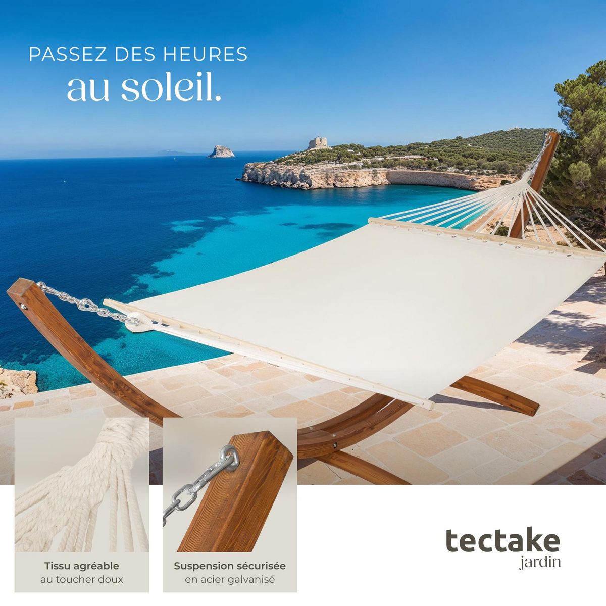 tectake Hamac sur pied avec structure en bois pour 2 personnes blanc