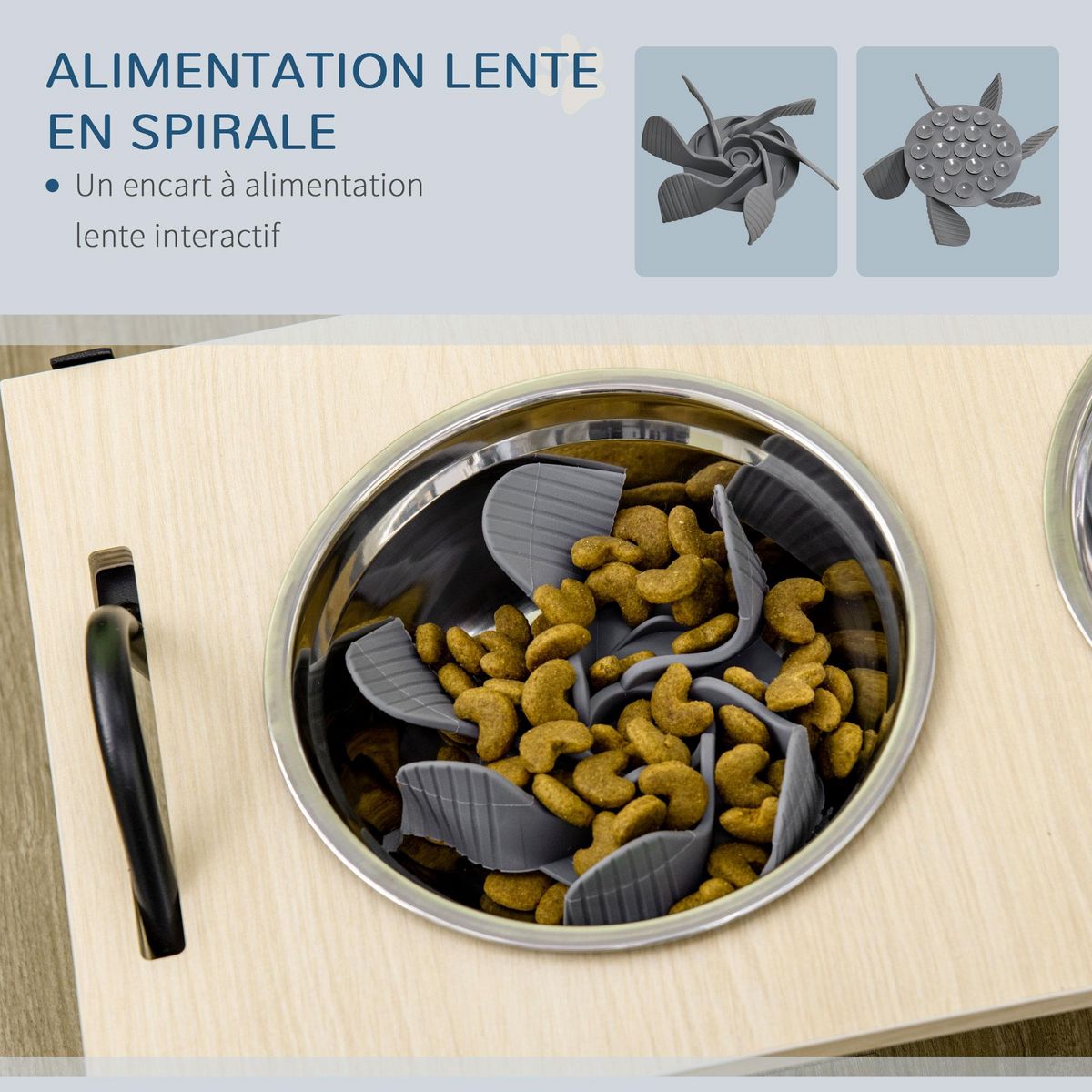 PAWHUT Gamelle double chien porte-gamelles surélevé 2 gamelles anti-glouton acier inox et tapis inclus acier noir plateau aspect bois clair