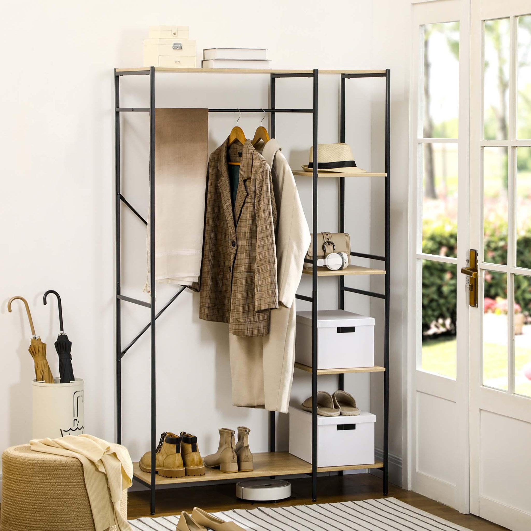 Voir la diapositive 2 : HOMCOM Penderie portant à vêtements style industriel en métal avec tringle et 4 étagères - dim. 100L x 46L x 170,5H cm - métal aspect chêne clair