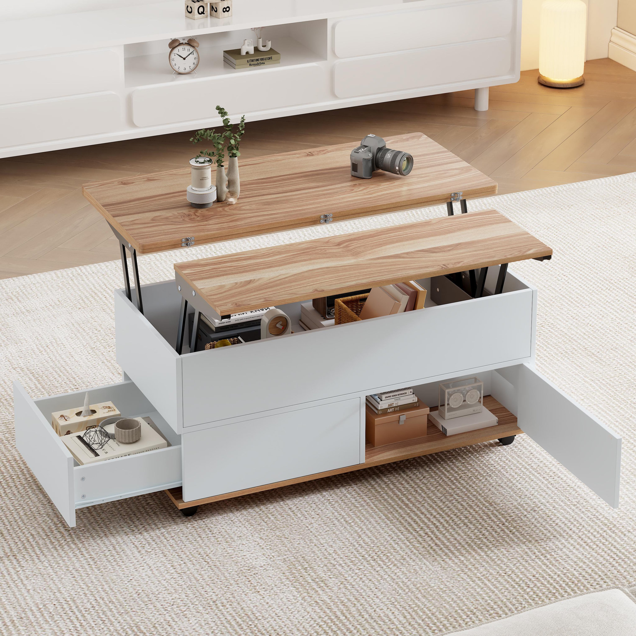 Voir la diapositive 5 : MERAX Table basse relevable rectangulaire blanc+naturel - 98x100 cm panneau de particules