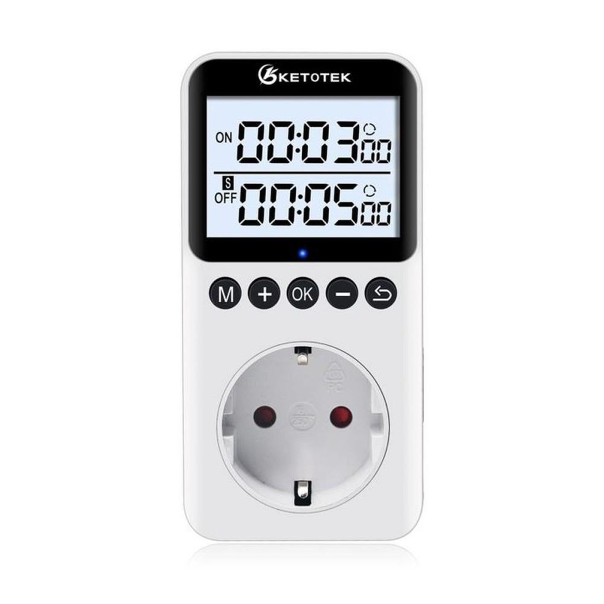 Prise programmateur numérique KETOTEK avec minuteur digital, écran LCD rétroéclairé HD, 3 programmes On/Off, mode cycle et compte à rebours, pour usage intérieur, blanc