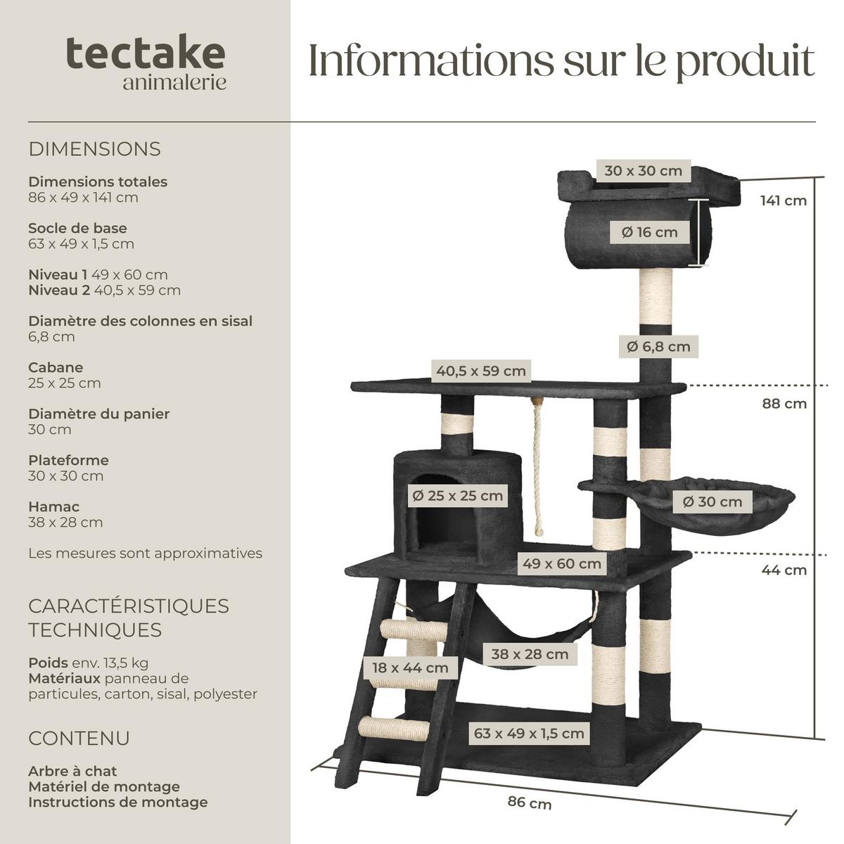 tectake Arbre à chat 141 cm avec griffoir et plateforme d'escalade noir