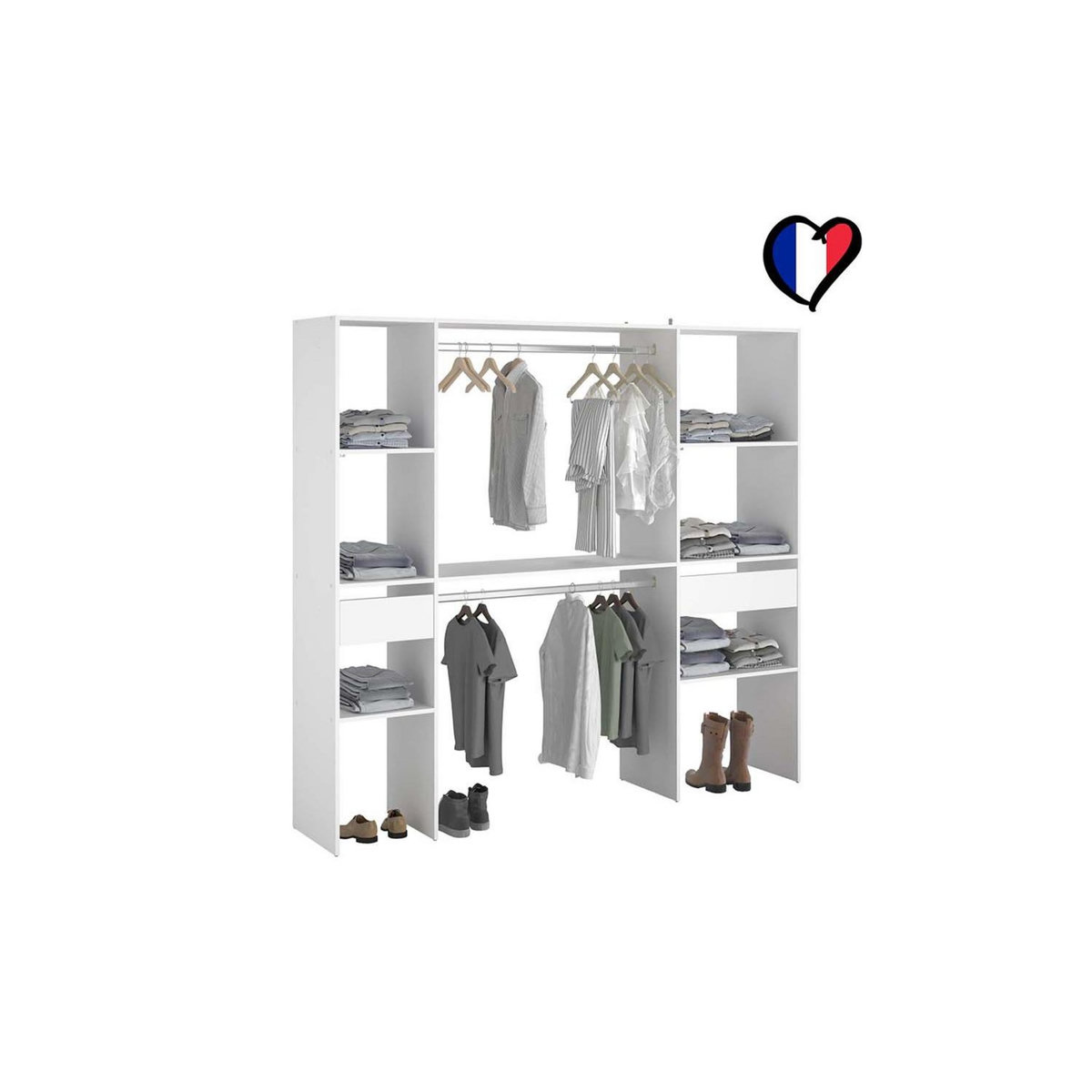 CONCEPT USINE Dressing blanc 2 penderies, 6 étagères, 2 tiroirs ELYSEE