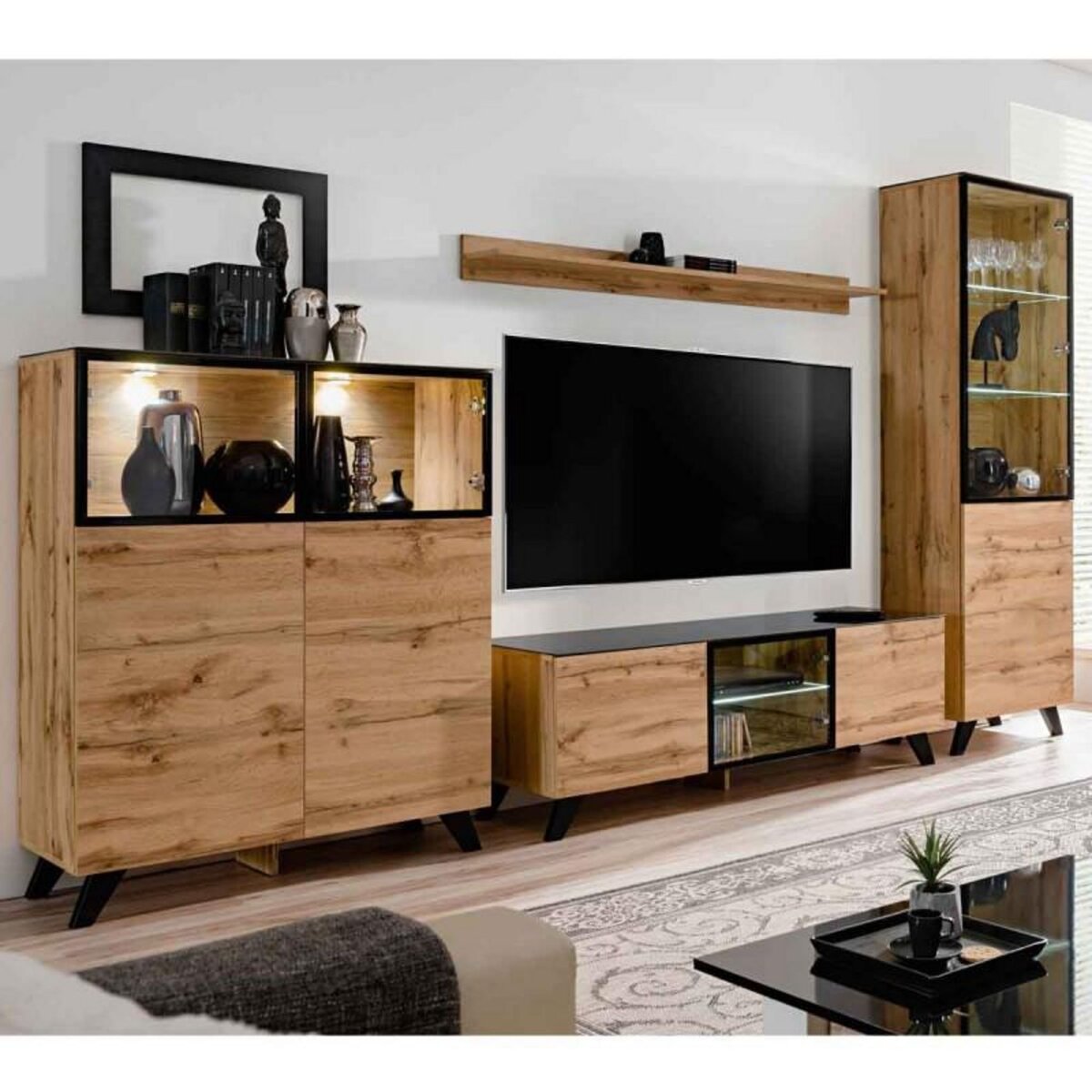 Paris Prix Ensemble Meuble TV & Bibliothèque  Thin  330cm Noir & Naturel